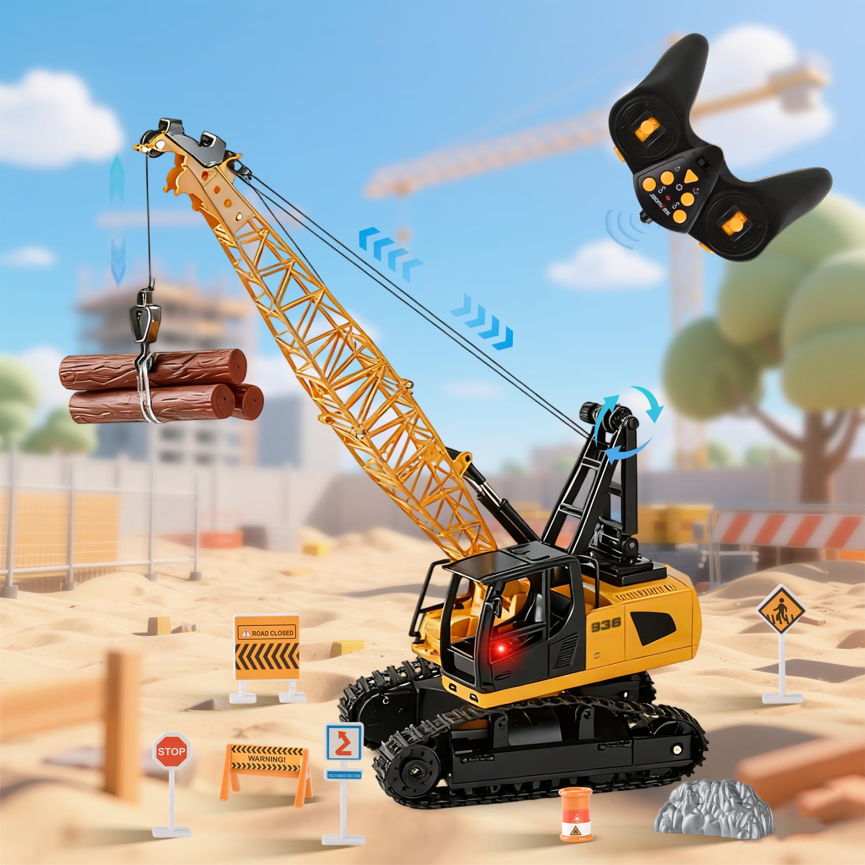 Gruas de Juguete, 2,4G Grua Teledirigida Luces y Sonidos, Camión de Construcción, Camión Grúa Juguete, Grúa Carro de Construcción, Regalo de Cumpleaños para Niños Niñas de 3 a 10 Años