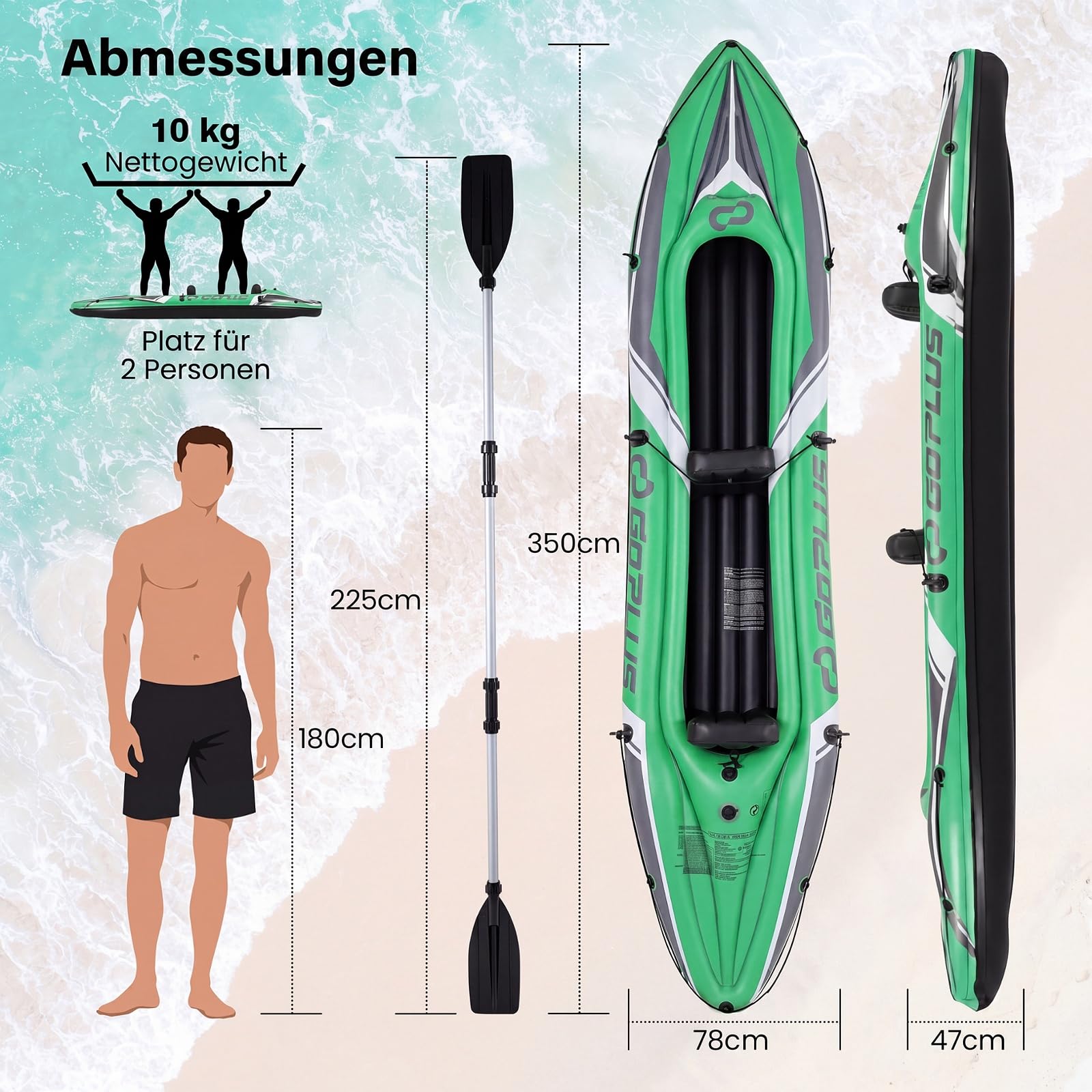 COSTWAY Kajak aufblasbar 2 Personen, Schlauchboot | Aufblasbares Kanu mit Aluminiumpaddel, Handpumpe und Reparaturset, 160 kg Gewichtskapazität, Grün