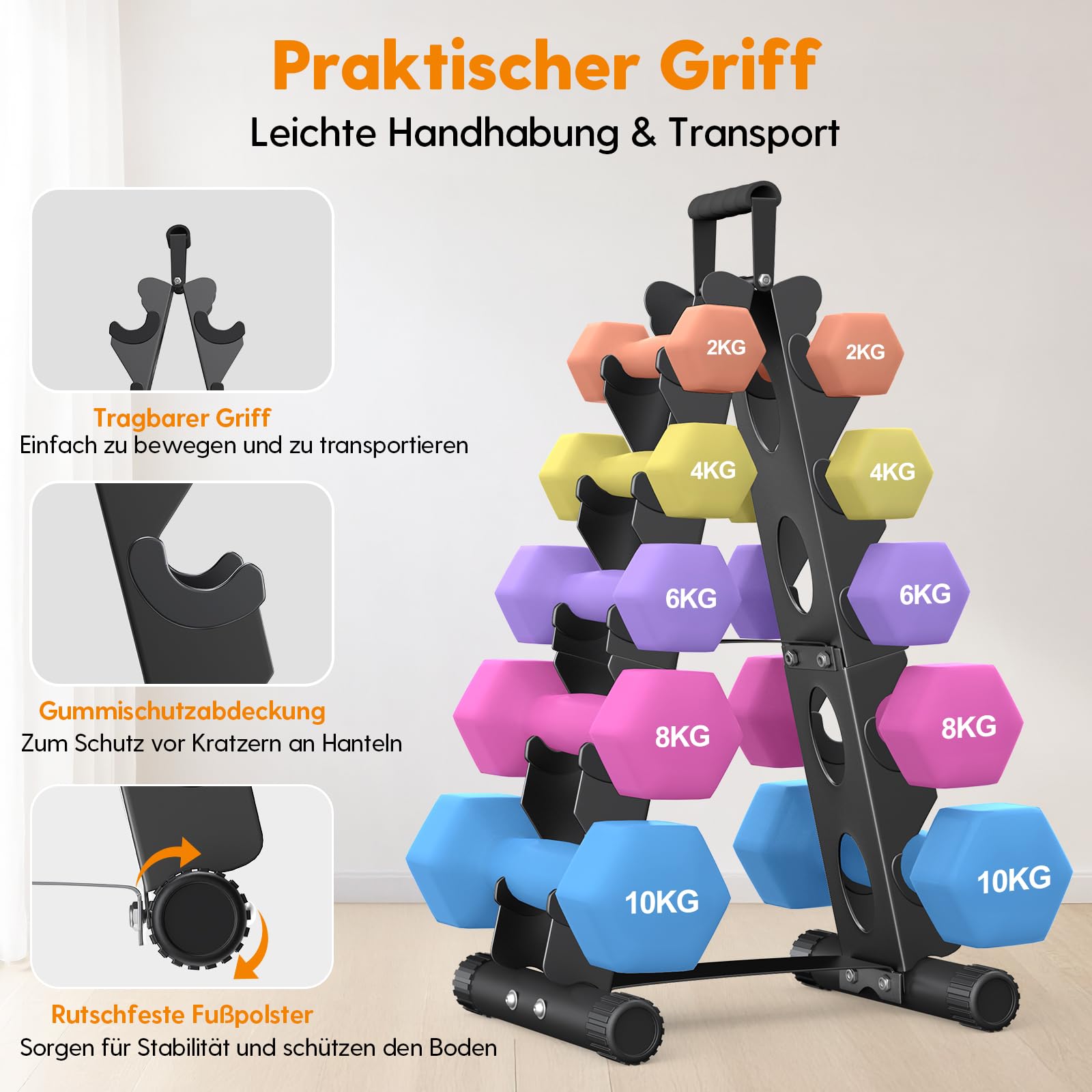 5-Etagen Hantelständer aus Metall, A-Rahmen Design mit Griff, Platzsparendes Fitness-Rack für Home-Gym (Hanteln separat erhältlich)