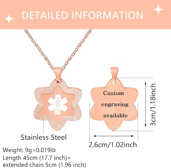 Medical Alert Necklace – Custom Laser Engraved Star Stainless Steel Pendant, Waterproof and Lightweight, Available in White, Gold, and Rose Gold, Ideal for Daily and Outdoor Sports Wear