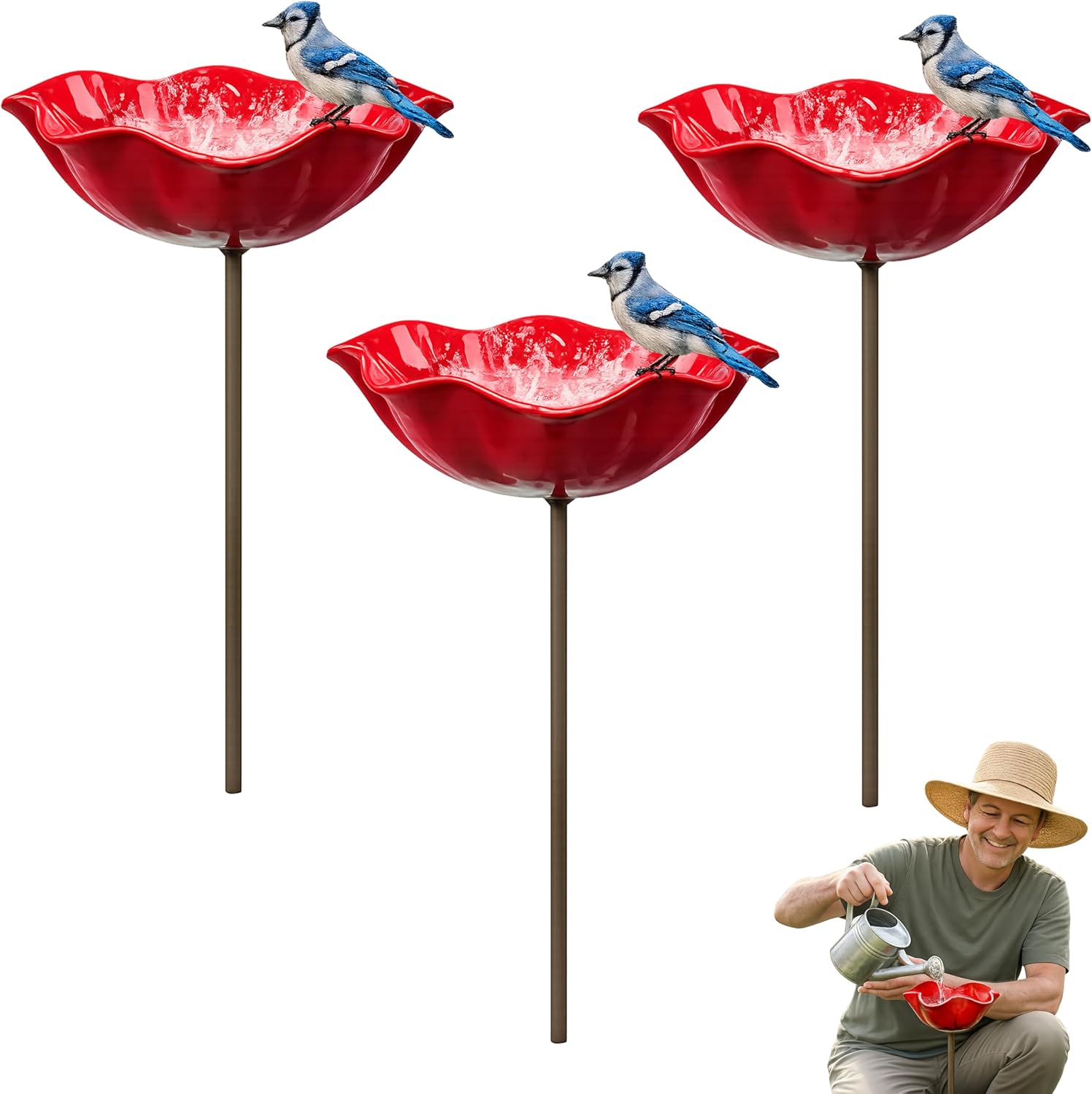 Handmade Metal Flower Garden Stake, Mini Bird Bath and Pollinator Water Station for Bees and Butterflies, Outdoor Yard Decor for Flower Beds, Lawn, Patio (3pc)