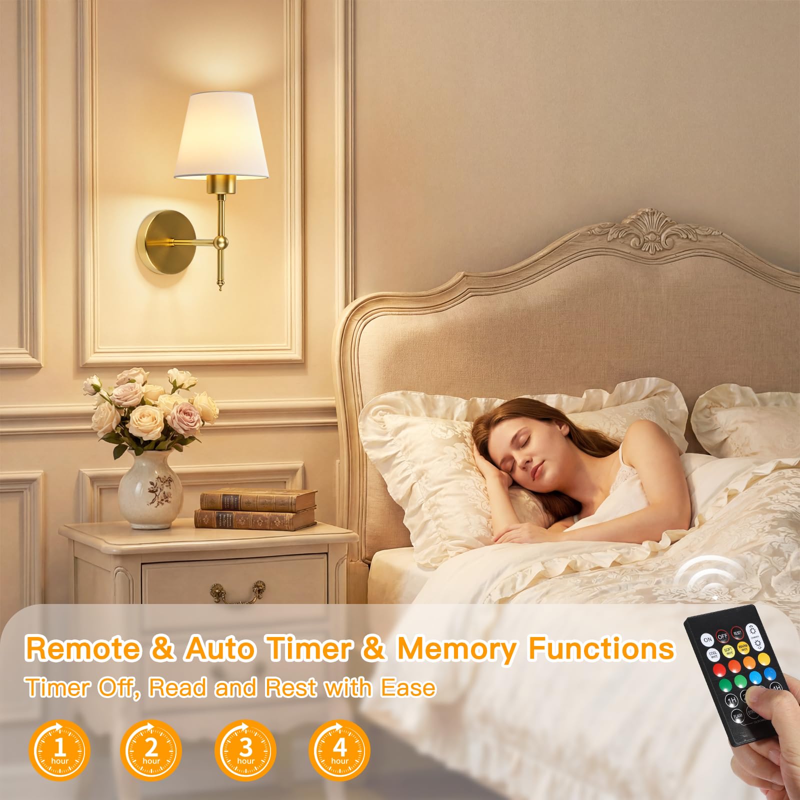Applique da Parete Ricaricabili LED con Batteria, Oro Lampade da Parete per Camera da Letto, Applique da Parete Interno con a Distanza, 3 Colori Luminosità con 12 Colori RGB per Soggiorno Scale