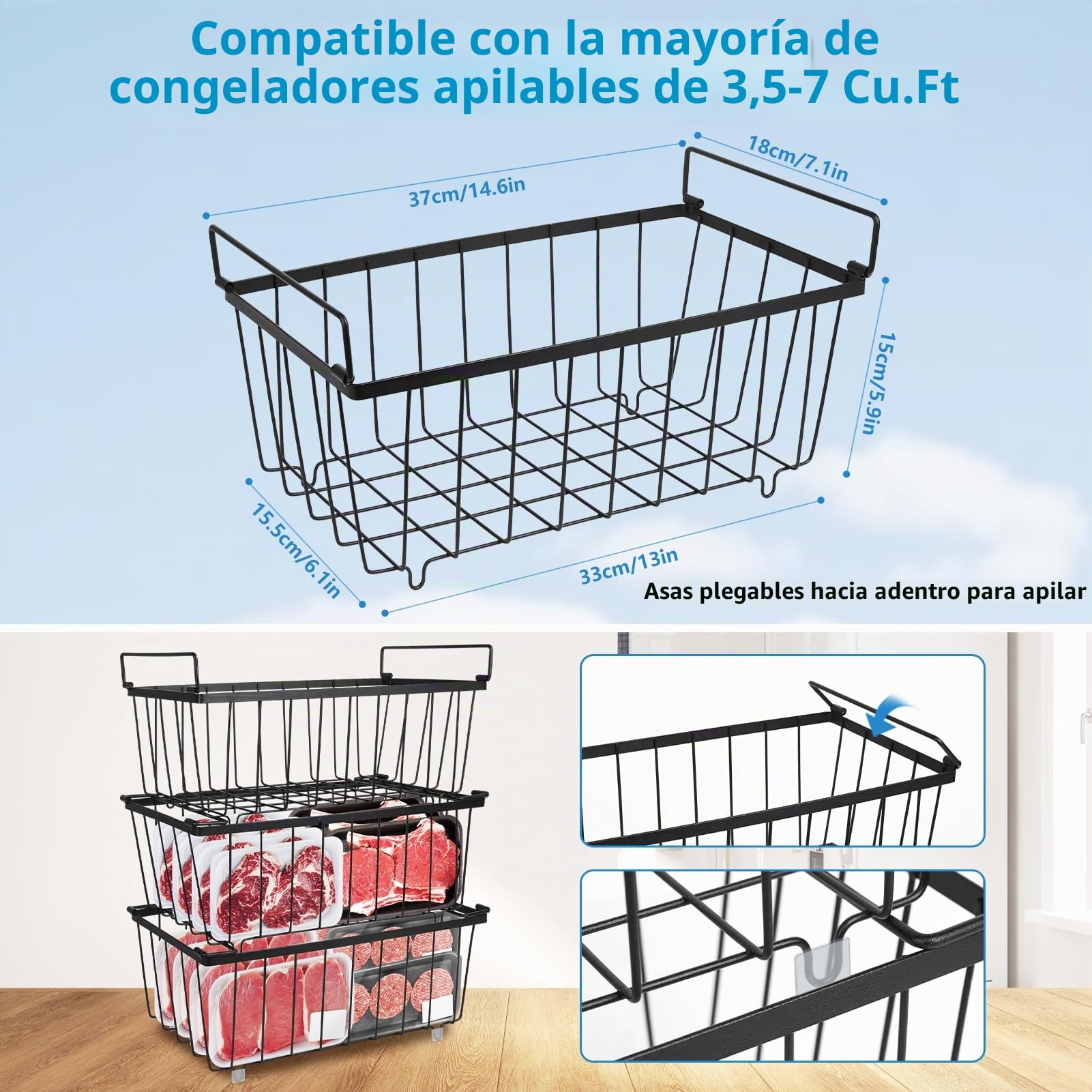 Juego de 6 organizadores para congelador, apilables, con asas | Alambre de acero de 2,8 mm, base antideslizante y congelación rápida para frigorífico de 5-7 pies cúbicos (37 x 18 x 14,5 cm)