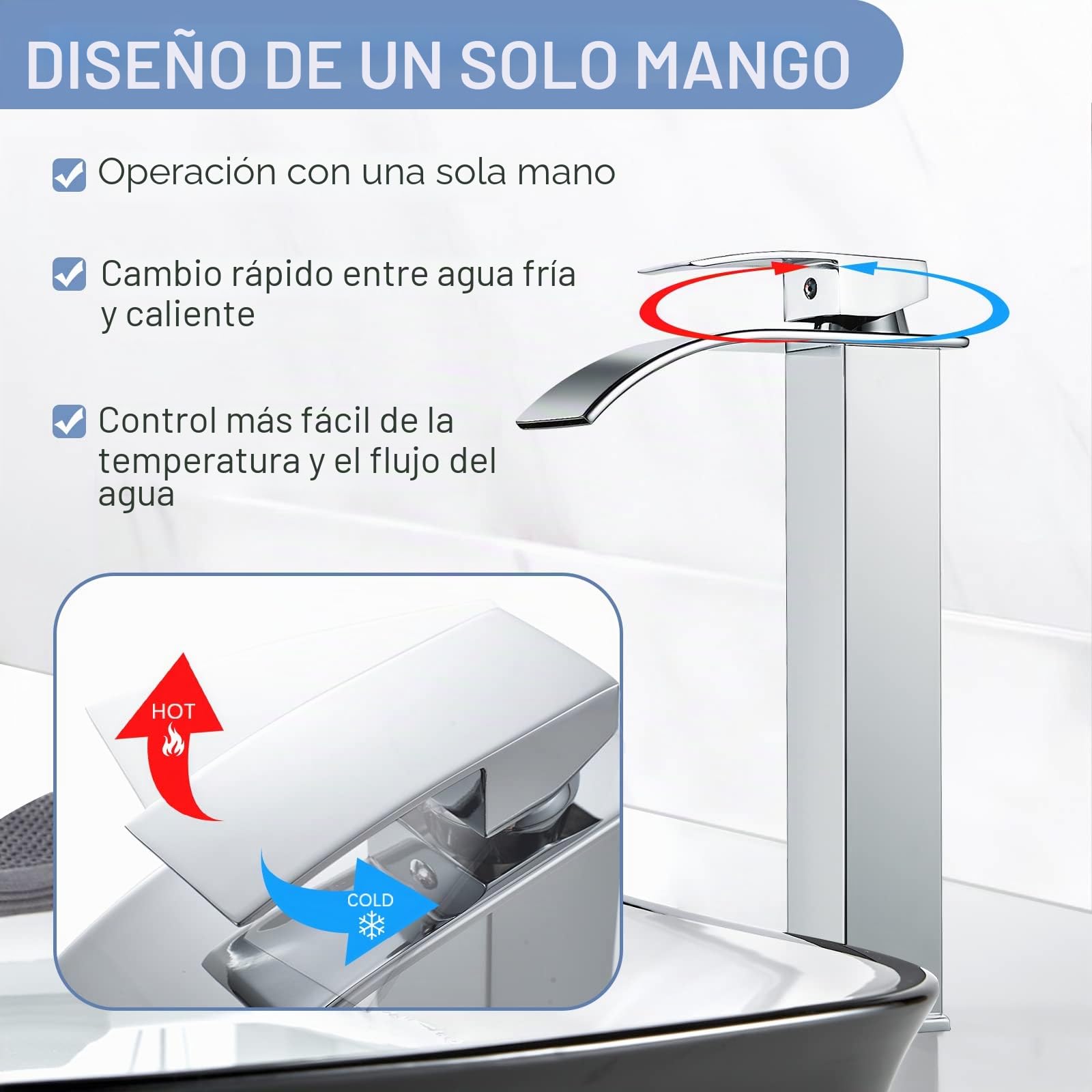 Grifo de Lavabo Alto Cascada Moderno, Mezclador Monomando Lavabo con Prima Valvula de Ceramica, Grifo de Baño Alto Cascada, Agua Fria y Caliente Disponible, Latón Cromado | Monomando, cartucho cerámico, agua caliente/fría, conexión G3/8, flexible 60 cm in