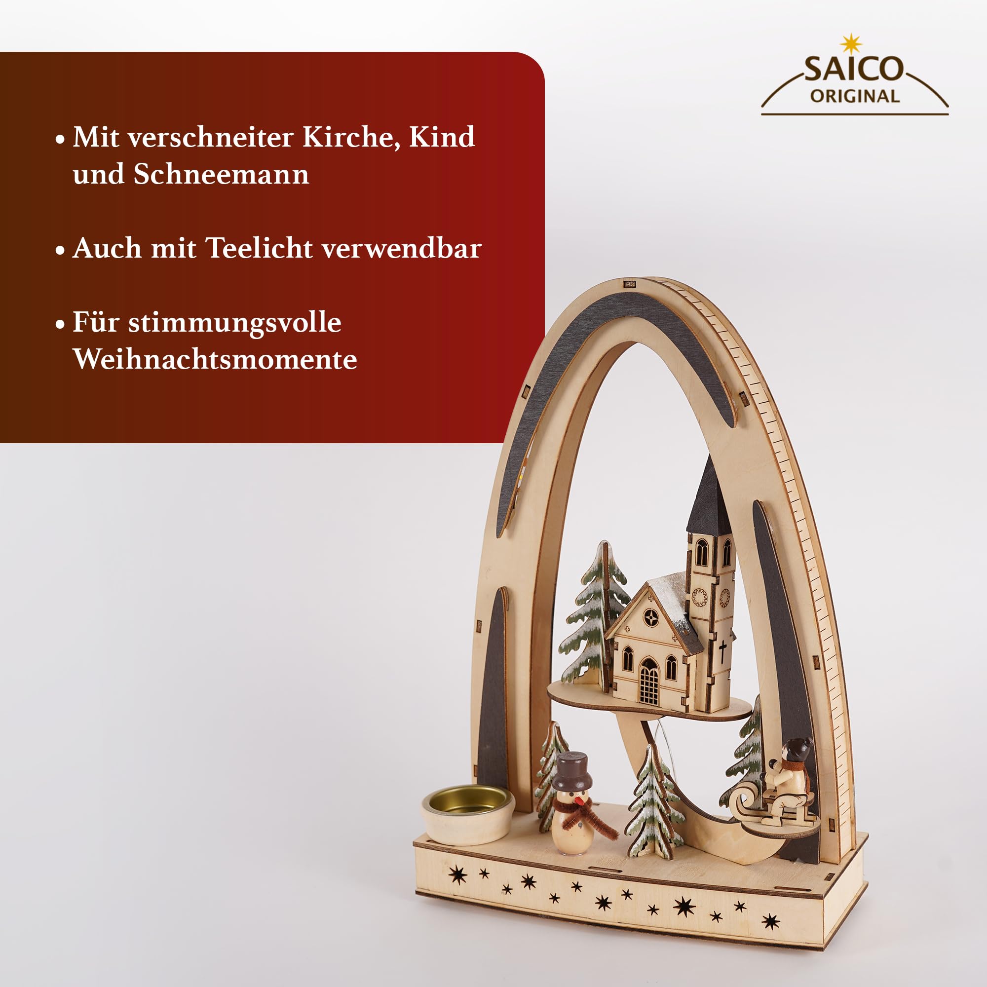 HGD - LED Lichterbogen mit Motiv „Winterkind und Schneemann“ - Weihnachtsdeko mit LED-Beleuchtung & Teelichthalter - Fensterdeko für die Adventszeit mit 6h Timer, 23 x 33 x 10 cm