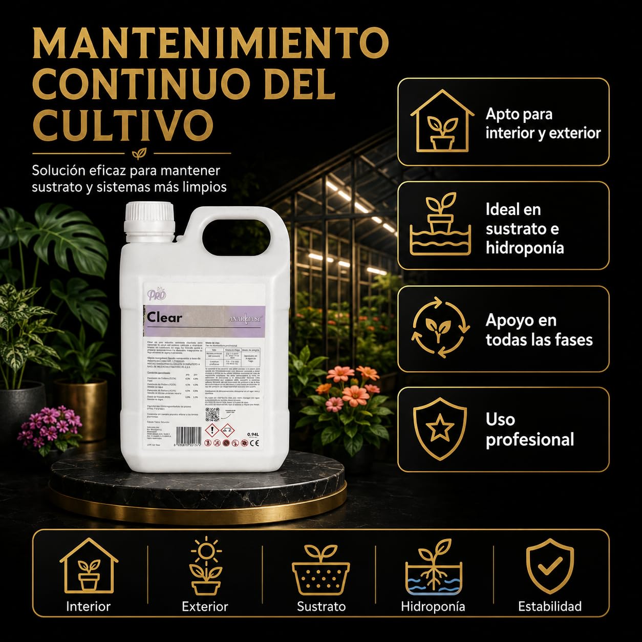 CLEAR 18,92 L – Limpiador de Sales y Sustrato Flush Raíces Limpieza Sistemas Hidropónicos Fertilizante Mantenimiento Cultivo Interior y Exterior - Anarkia81