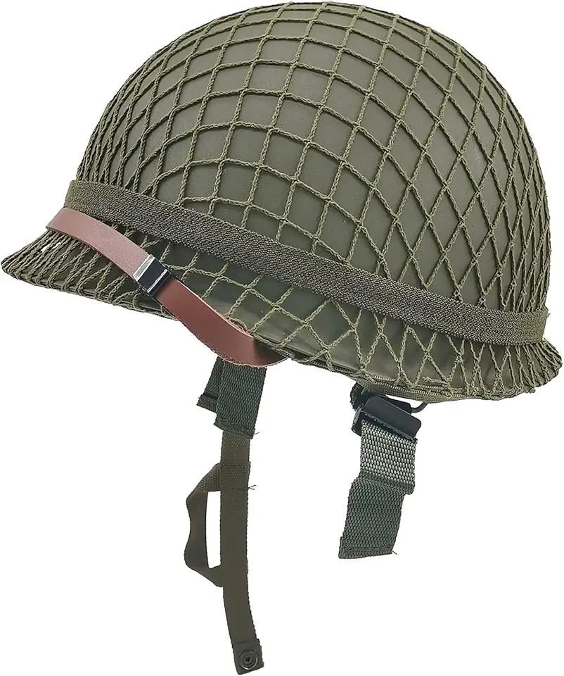 Capacete M1 do Exército dos EUA da Segunda Guerra Mundial, Equipamento da 2ª Guerra Mundial, Réplica de Concha de Aço Metal com Alça de Queixo de Rede/Lona / Faixa Olho de Gato