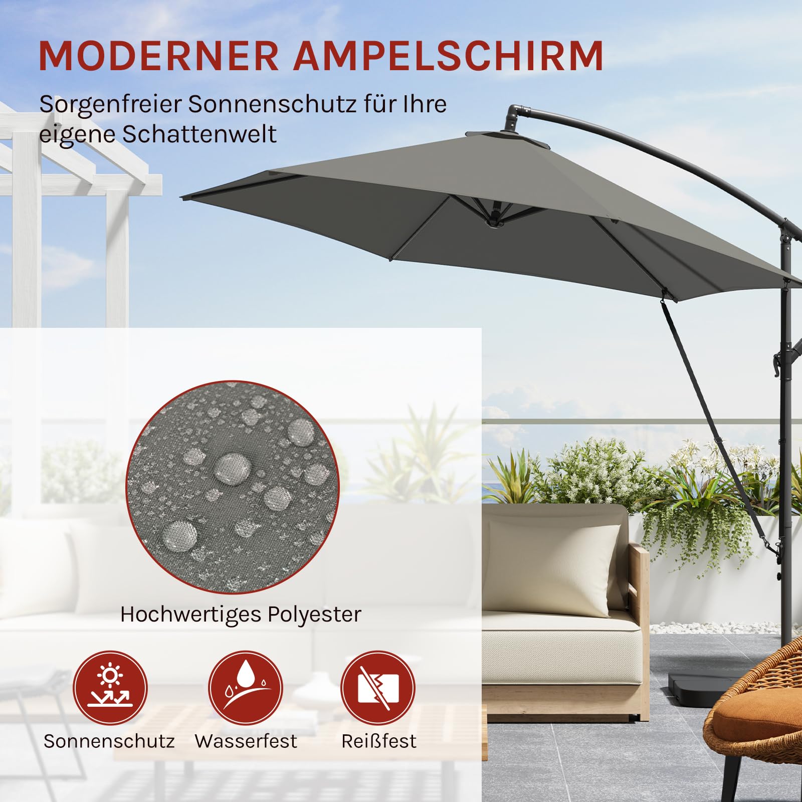 WOLTU Ampelschirm Sonnenschirm Ø310 cm & Kurbelvorrichtung Kurbelschirm mit Schutzhülle und Ständer, Gartenschirm Sonnenschutz UV-Schutz | Wasserdicht 360° Grad Drehbare Marktschirm, Dunkelgrau