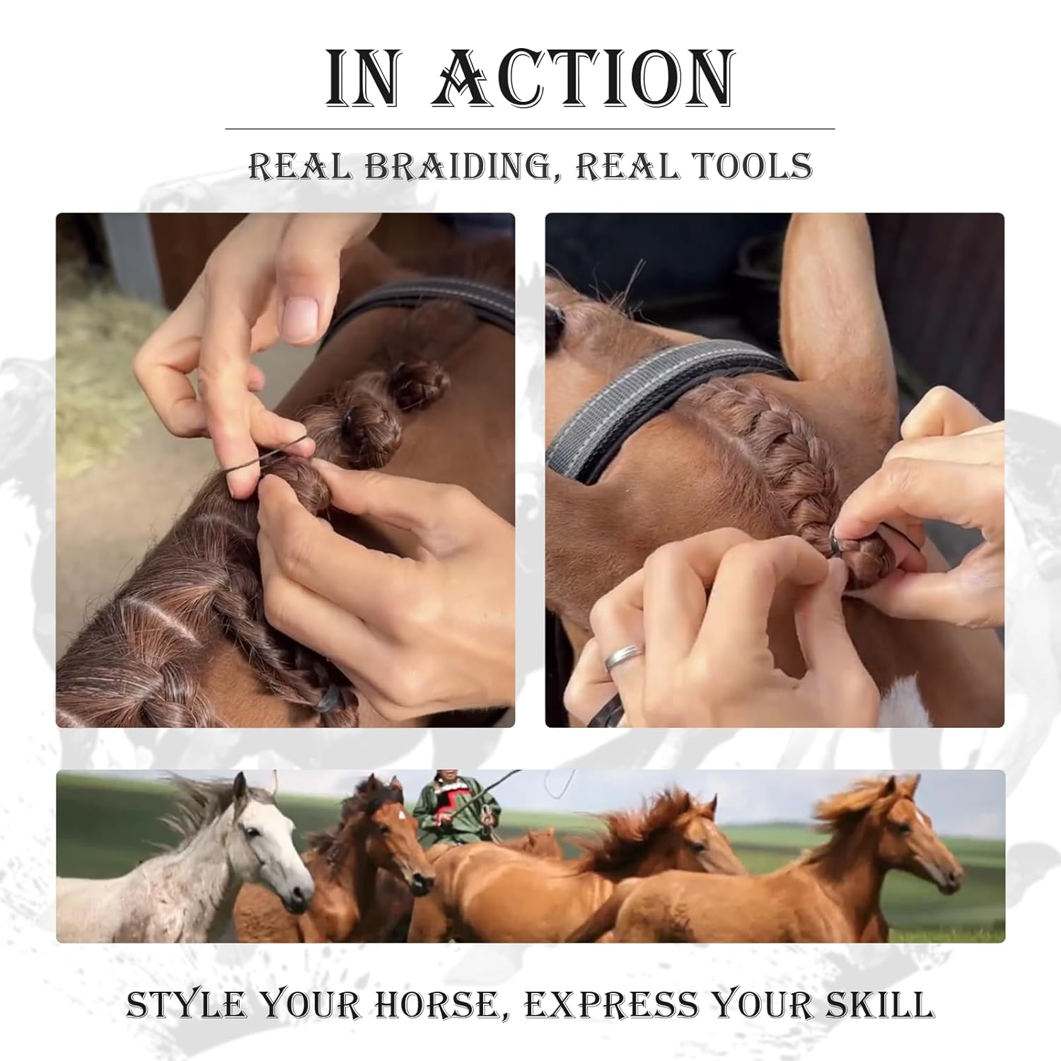 Horse Braiding Kit – 11PCS Equestrian Mane & Tail Grooming Set with Braiding Yarn, Rug Hook, Mane Comb, Seam Ripper, Measuring Tape & Storage Bag – Horse Show Grooming Essentials, Easy for Beginners