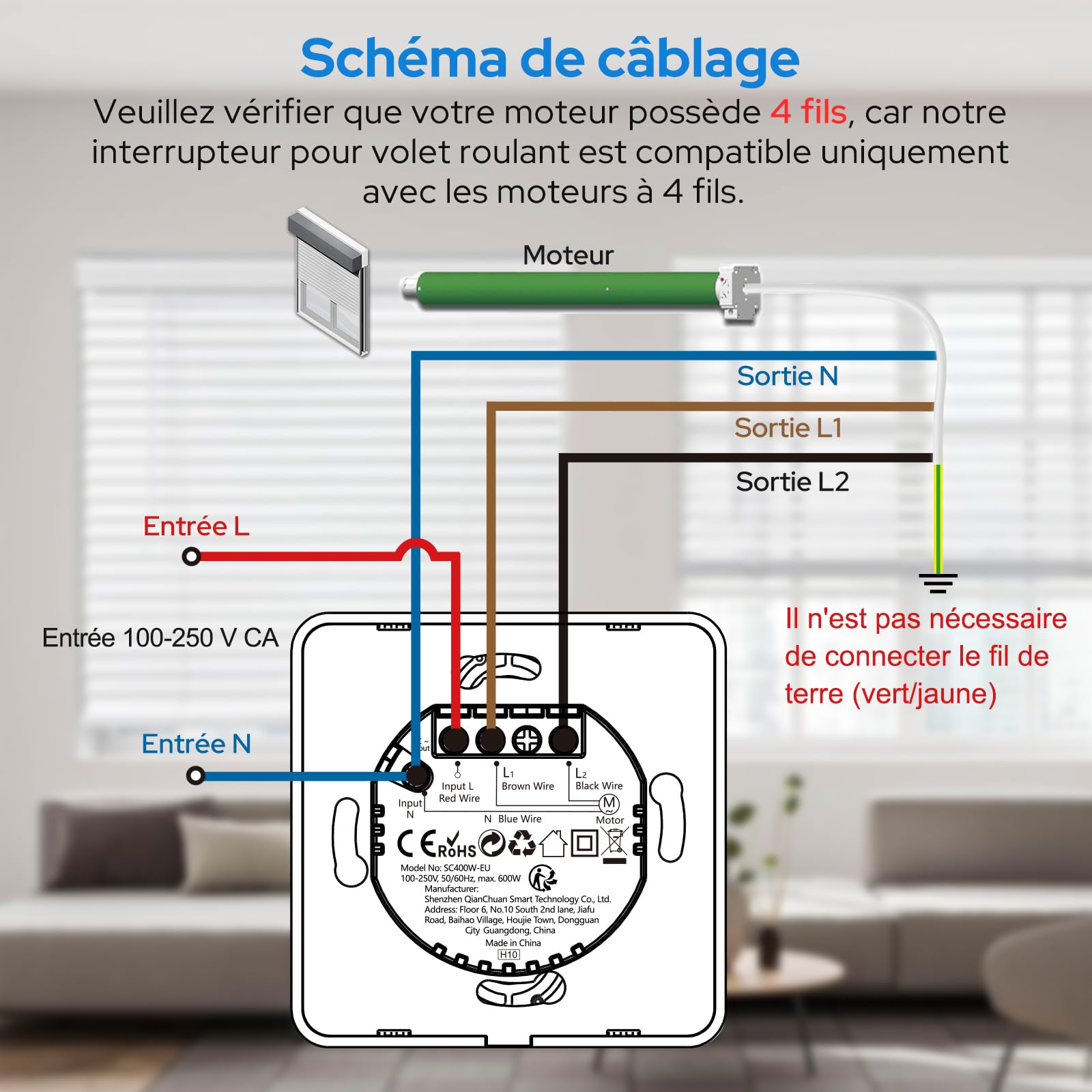 Loratap Interrupteur Volet Roulant Connecté WiFi: boutons physiques rétroéclairés et réglage précis 0%-100% - commande vocale Alexa Google Assistant - remplace votre ancien interrupteur mural-4 pièces