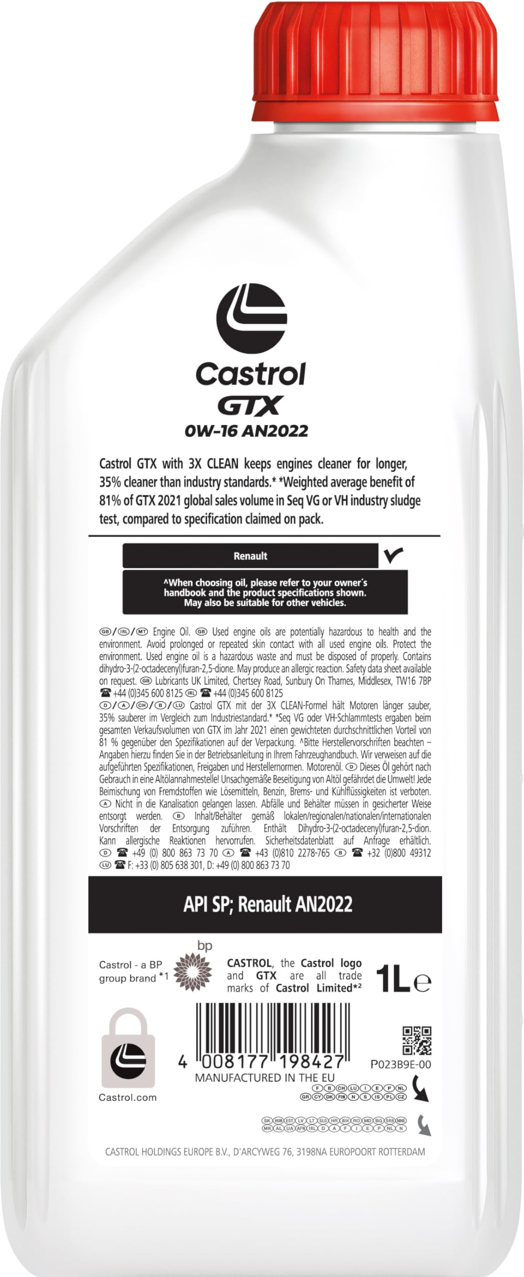 CASTROL Huile moteur GTX 0W-16 huile API SP AN2022 1 L Compatible avec TOYOTA Yaris 3/5 portes P13, MAZDA 2 3/5 portes XP210, SUZUKI VITARA LY, HONDA CR-V V RW, RT, LEXUS NX II AZ20