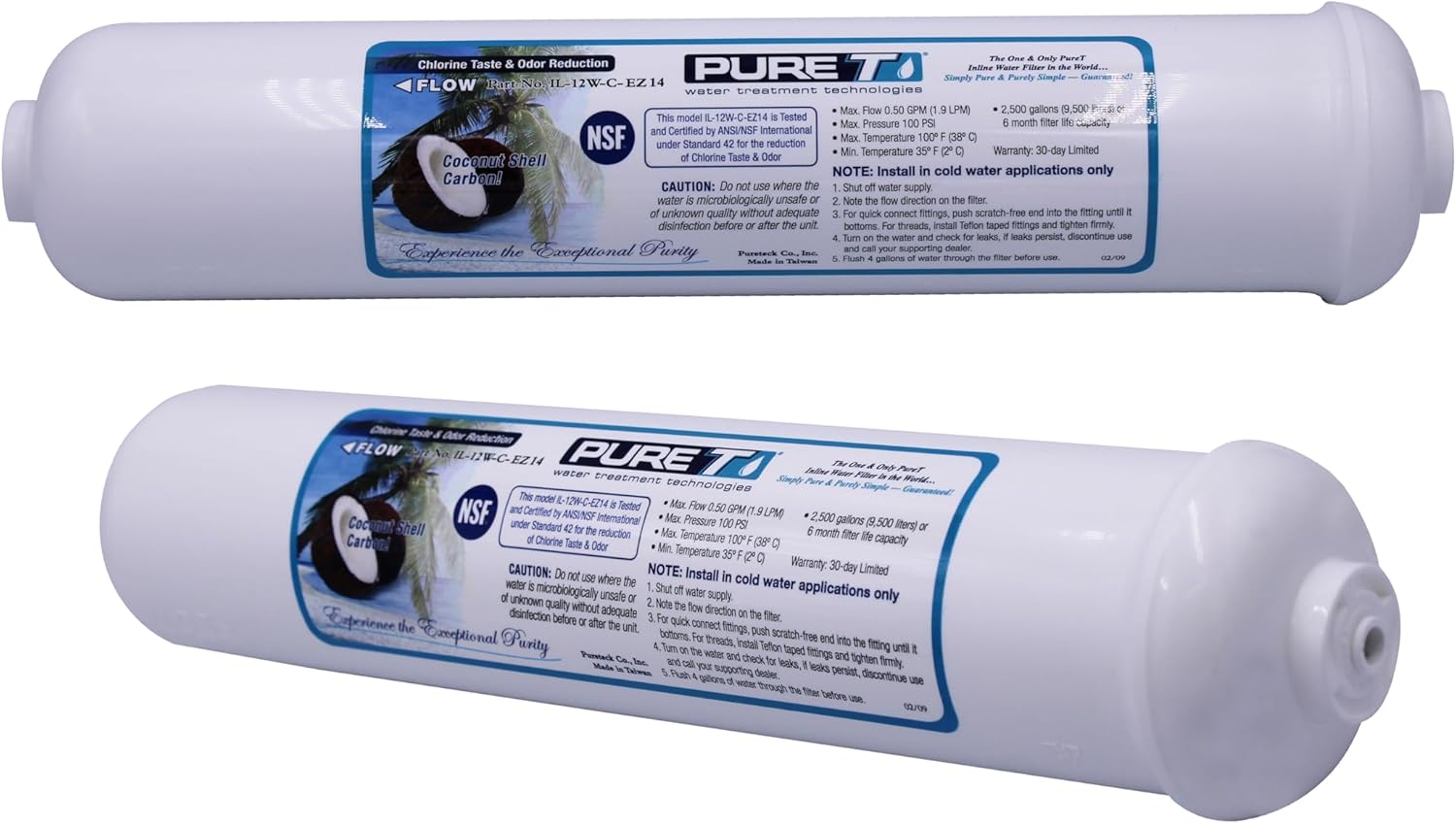 PureT IL-12W-C-EZ14, 12"x2.5" (1/4" EZ Connect) Inline Post GAC Carbon Filter - NSF Certified - Reverse Osmosis Water Filter, Lifetime of 1 Year or 1,500 Gallons