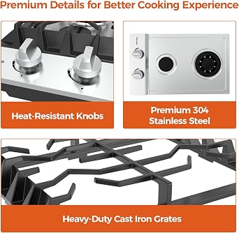 TOPWISH 12 Inch Gas Cooktop, 2 Burners Built-in Stainless Steel Gas Stove