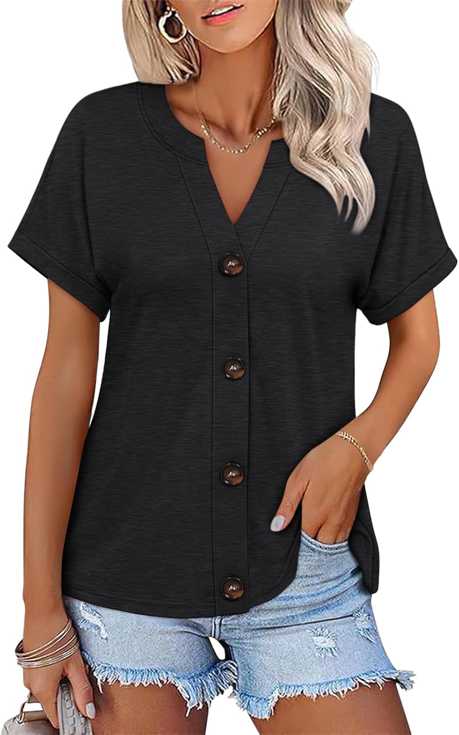 TICTICMISS Womens Button Down Shirts Short Sleeve Summer Tops Loose Fit V Neck T Shirts Casual Ladies Tunic Tees 2026