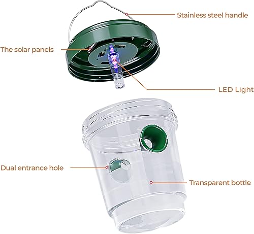 Miniatura 7 de Paquete de 2 trampas solares para avispas colgantes al aire libre, trampa para abejas carpinteras para exteriores, trampas amarillas, asesino de