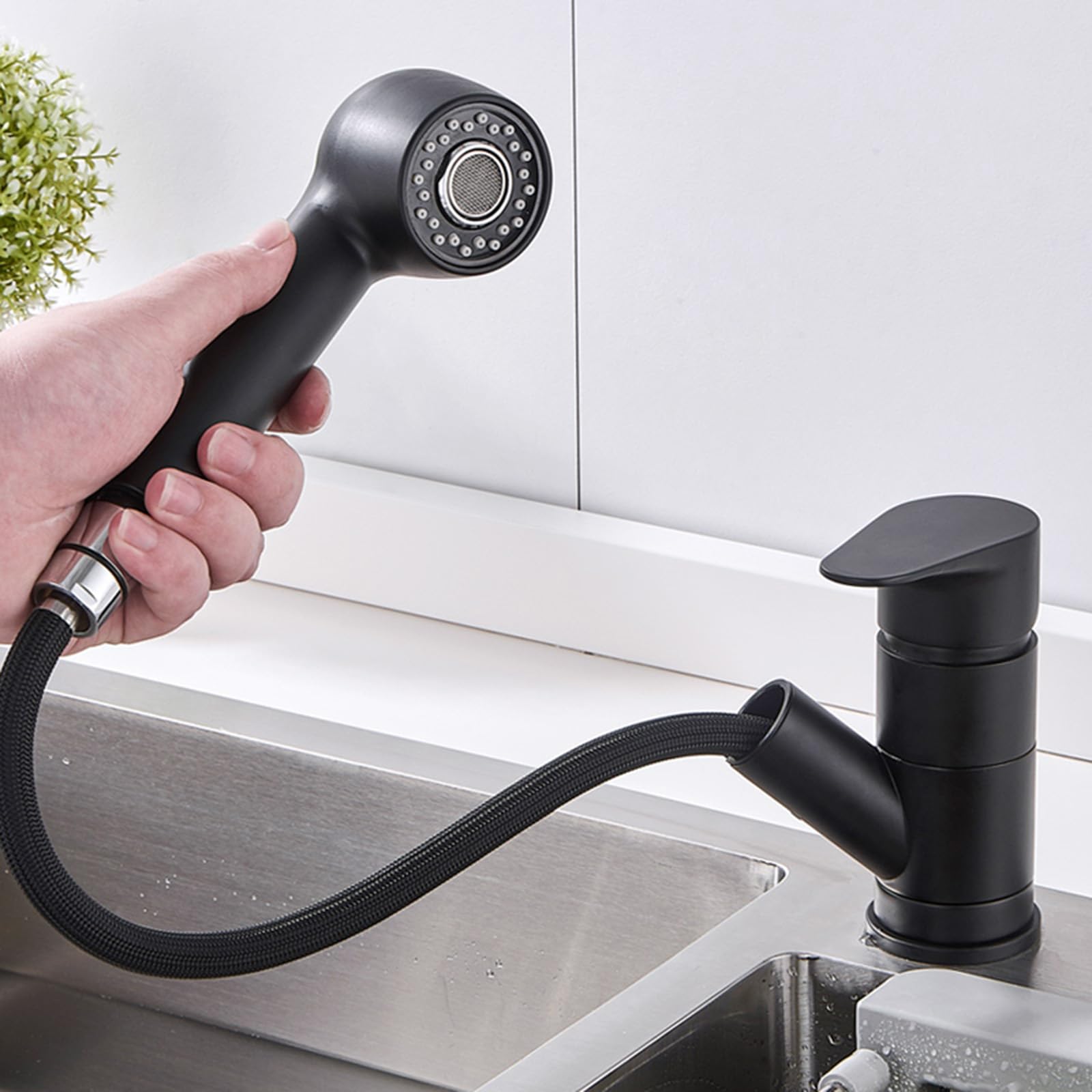 ZQFHSX Kitchen Faucets with Pull Out Spray Rotating Sink Faucet Brass Hot and Cold Water-Black