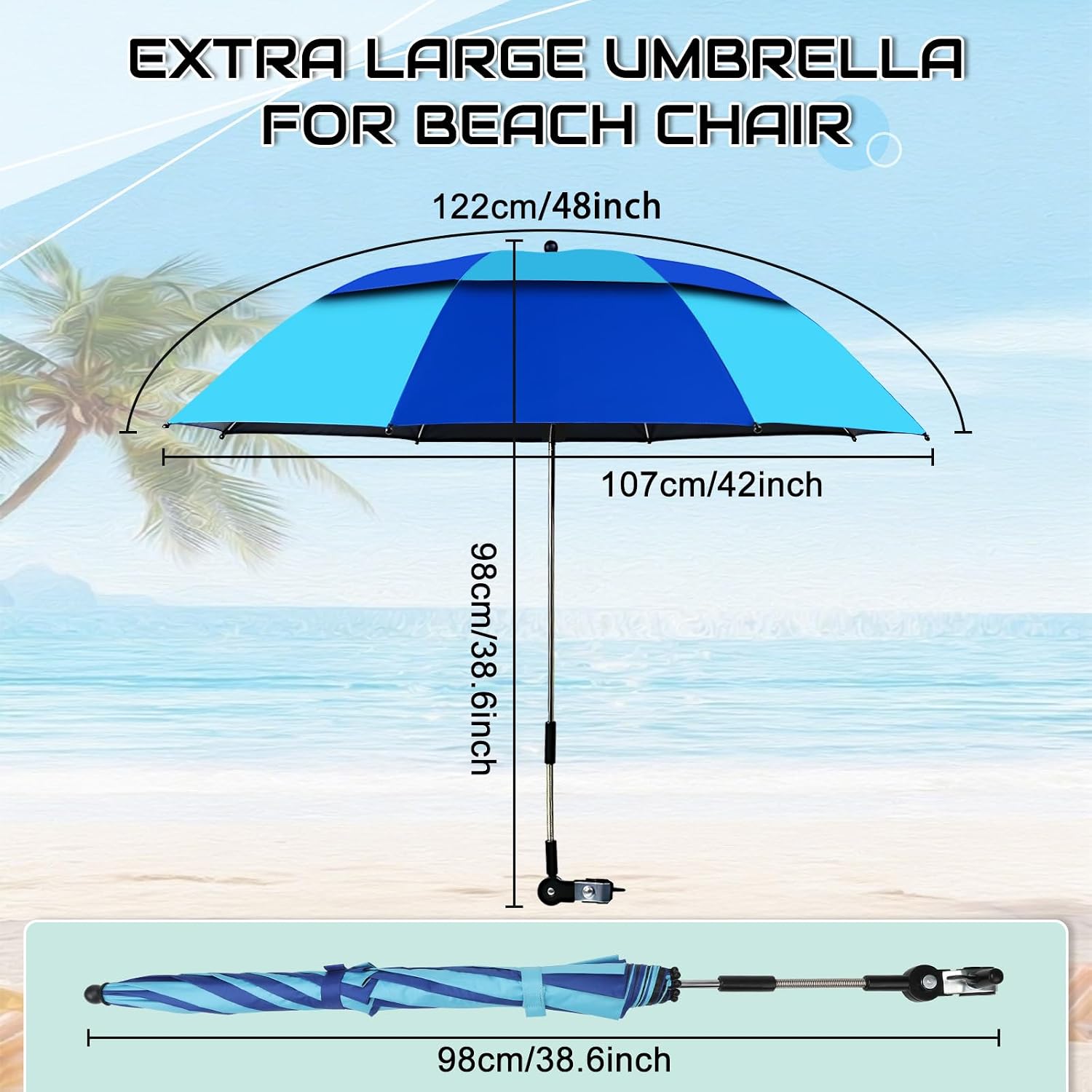 2 Pack 48.6" Chair Umbrella with Clamp, Blue | 360° Adjustable Beach Chair Umbrella, UPF50+ Sun Protection, Portable Bag