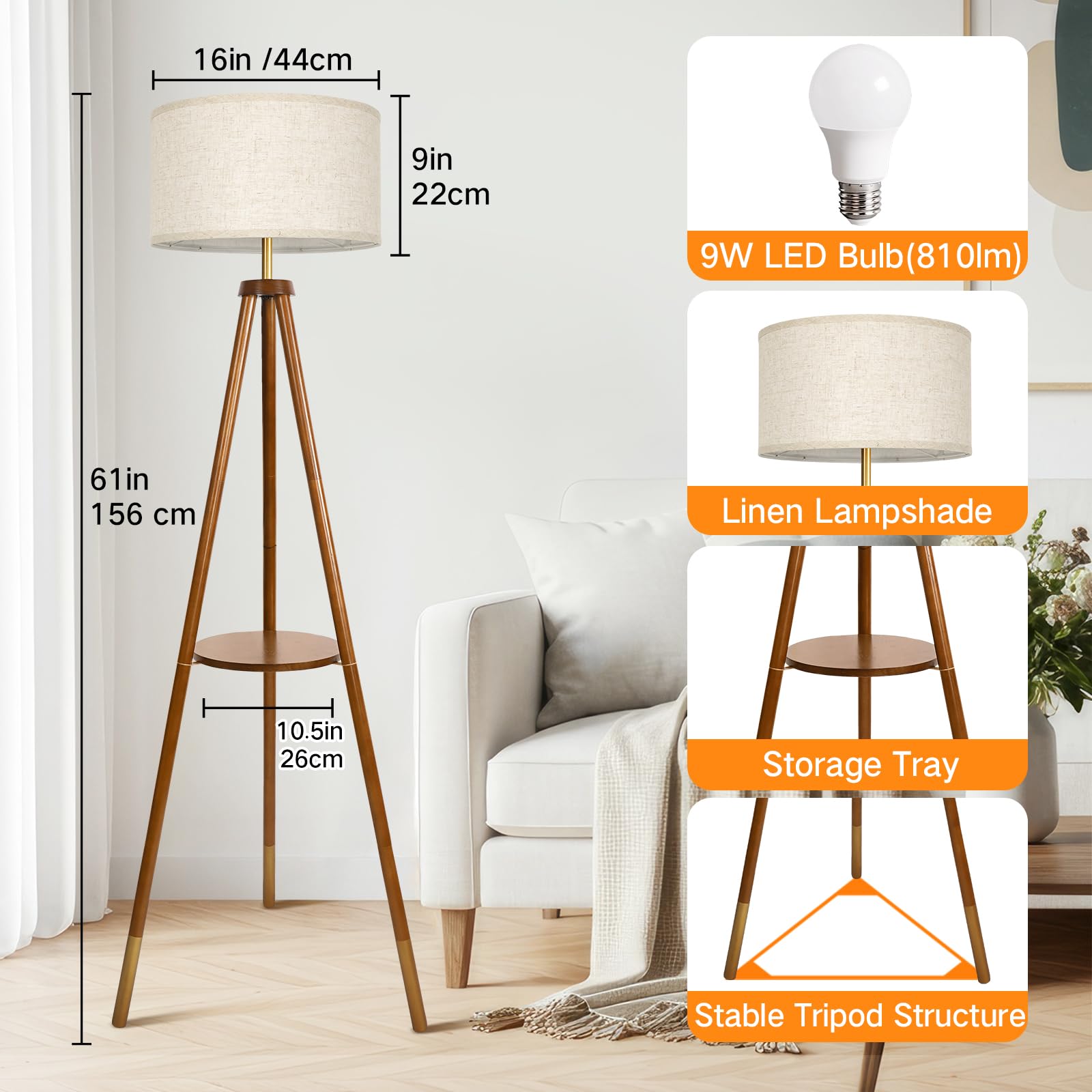 OUTON Lampa stojąca na statywie, nowoczesna lampa podłogowa | Ściemnialna z pilotem, 4 temperatury barwowe, timer 1H, drewno, lniany klosz, salon, sypialnia, biuro, złoty orzech