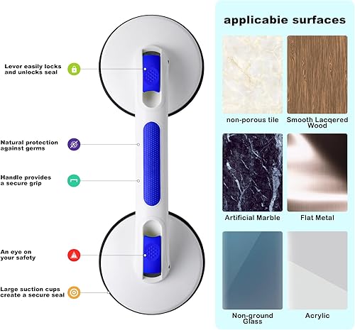Miniatura 4 de Manija de ducha para tinas y duchas, agarre fuerte con ventosa, mango de baño, barras de agarre resistentes para personas mayores con discapacidad