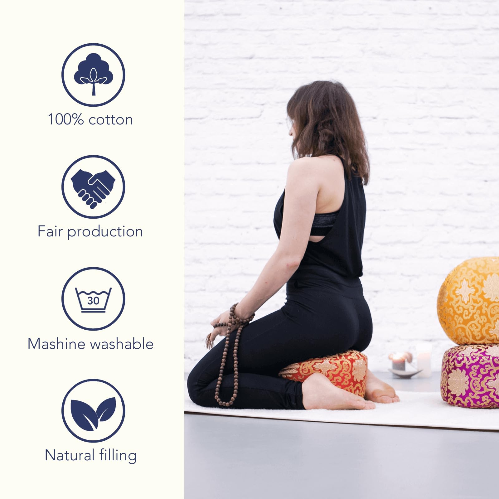 Meditationskissen Yogakissen Brokat 15cm - Yoga Sitzkissen mit waschbarem Bezug - Yoga Kissen Bodenkissen mit Bio Buchweizenschalen Füllung