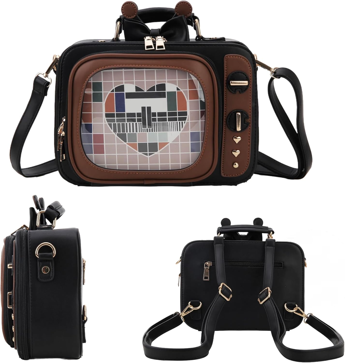 Retro TV Shaped Ita Bag Pin Display Backpack Cute Pin Bag with 3 Inserts, Anime Crossbody Bag for Enamel Pins, Adjustable Shoulder Strap, Unique Weird Purse for Collectors
