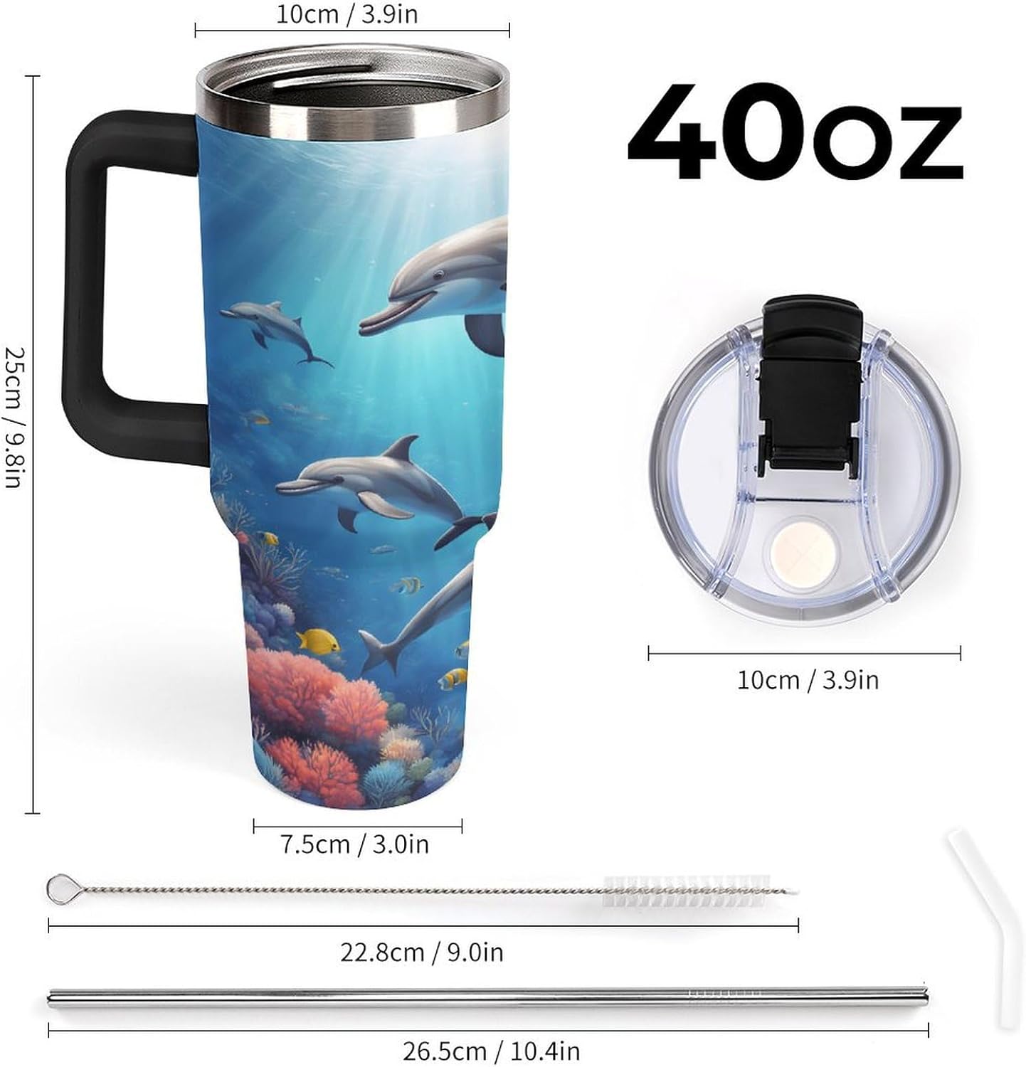 40oz Insulated Stainless Steel Tumbler with Handle, Under Sea Dolphin Corals Leakproof Water Bottles Travel Mug with Lid And Straw for Water, Iced Tea Or Coffee, Suitable for Most Car Cup Ho