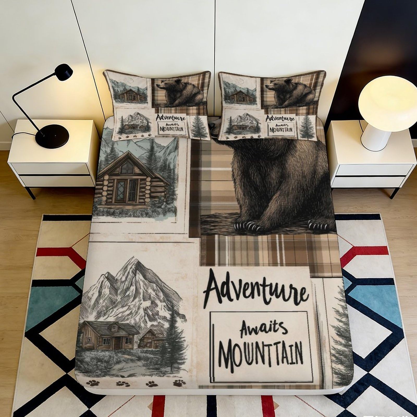 3D Printed Mountain Bear Fitted Sheet Microfiber Soft Durable Adventure Pattern Bed Cover for Bedroom Dormitory Guest Room Mattress Protection 200x200x25cm