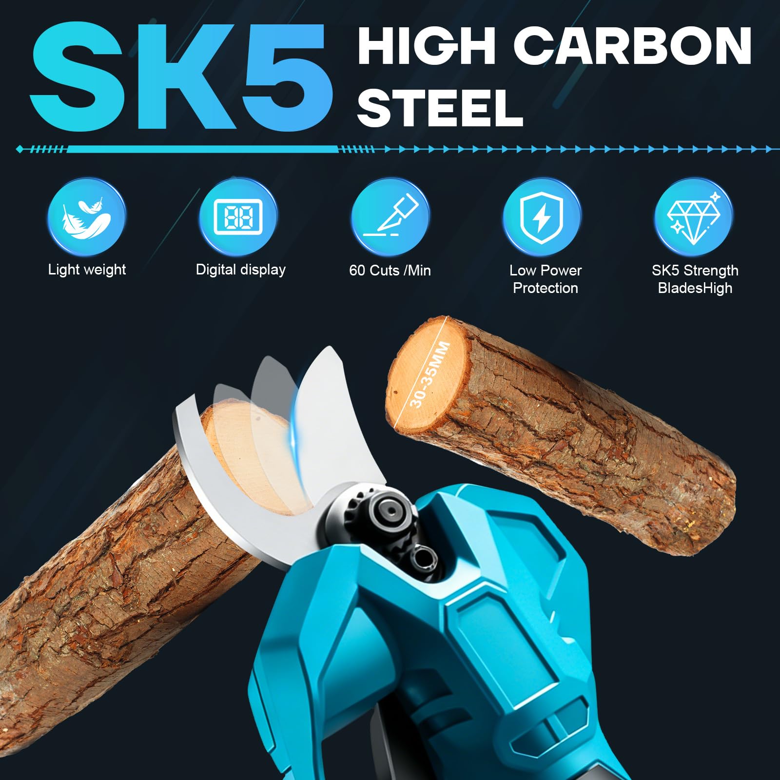 Tijeras de podar eléctricas con batería con motor sin escobillas, cuchillas SK5, batería recargable con indicador de carga, diámetro máximo de corte de 50 mm, para el jardín, 2 baterías de 1500 mAh