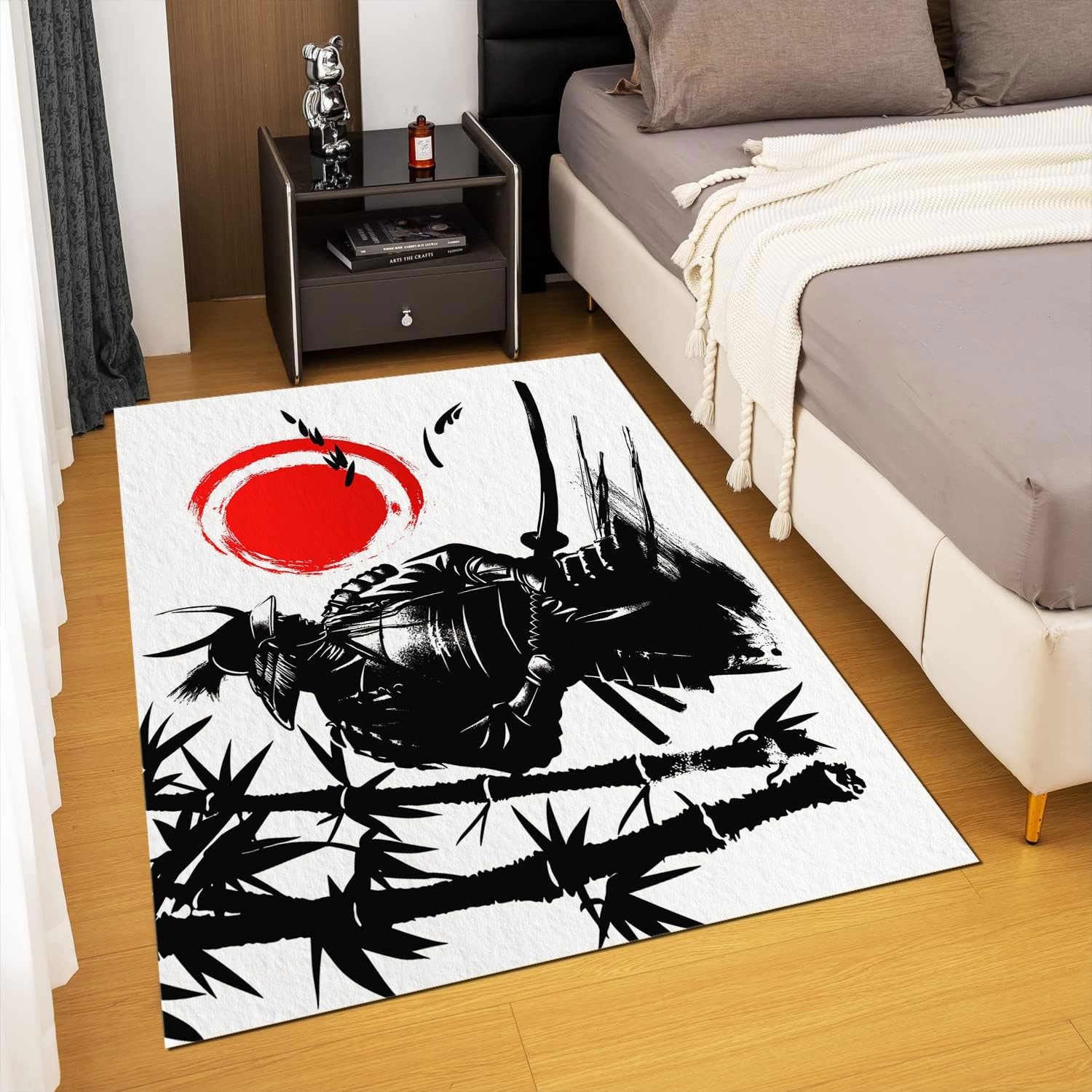 Tapis de Salon 80x150 cm Peinture L'Encre Samouraï Japonais, Tapis Lavable en Machine et Antidérapant - Moquette à Poil Ras Doux pour Chambre et Bureau - Blanc