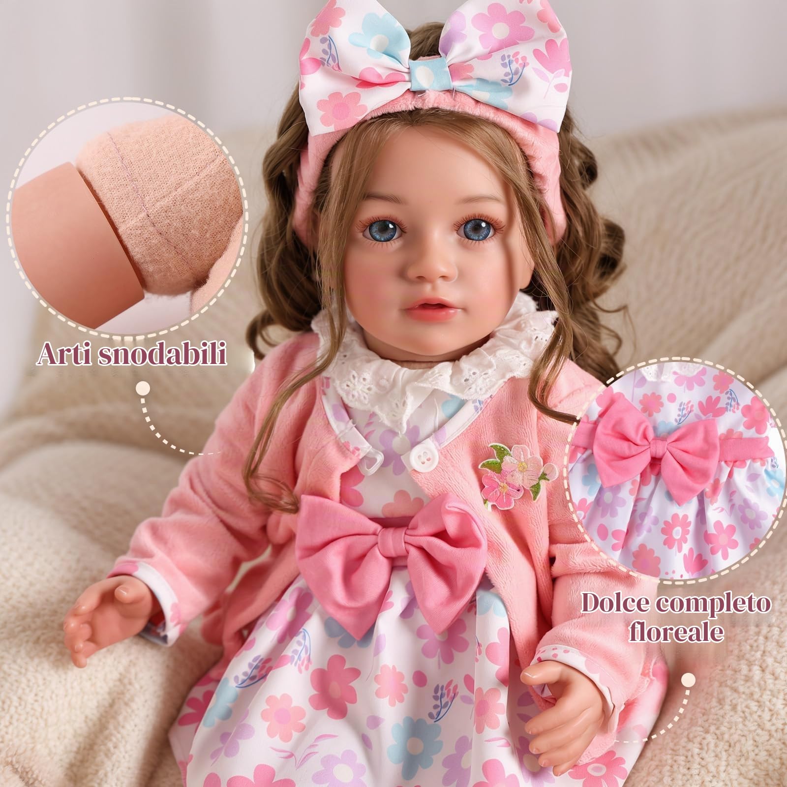 BABESIDE Bambole Reborn Bambina – 20 Pollici Reborn Femmina con Occhi Azzurri & Riccioli Castani, Corpo Morbido in Tessuto, Abito & Accessori per Bambini dai 3 Anni in su