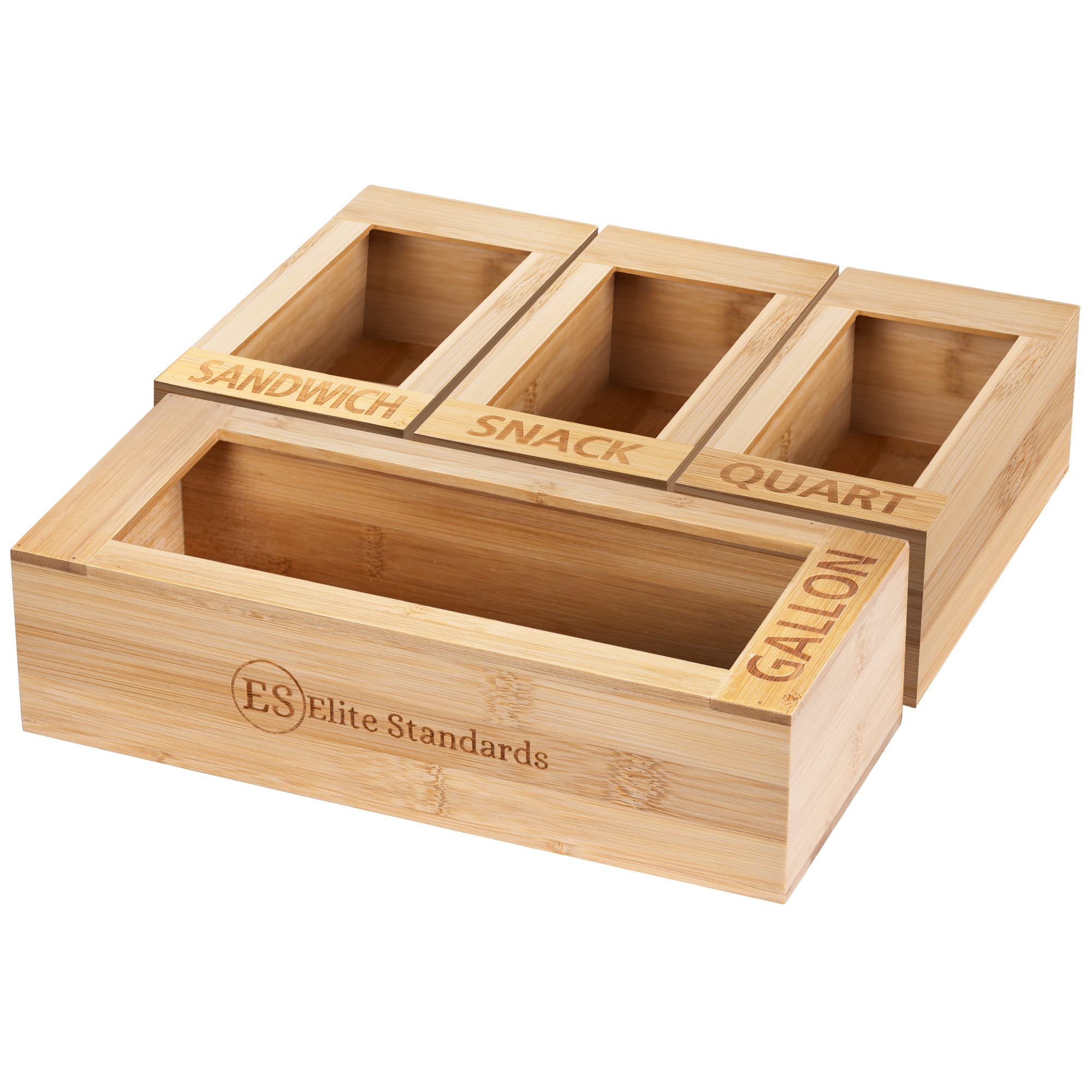 Elite Standards Ziplock Bag Organizer, Premium Bamboo, Plastic Bag Organizer for Kitchen Storage Drawers, Suitable for Gallon, Quart, Sandwich & Snack (01001)