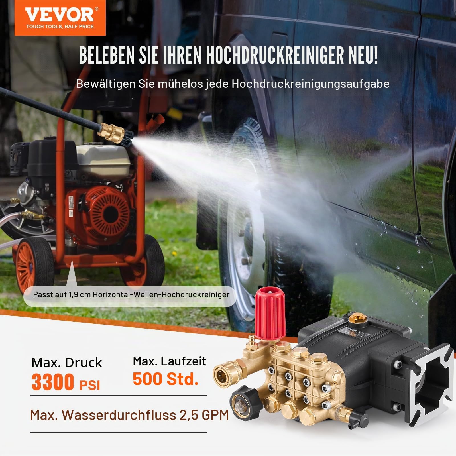 VEVOR Hochdruckreinigerpumpe, 3/4-Zoll-Welle, horizontaler Triplex-Kolben, 3300 PSI, 2,5 GPM, Ersatz-Hochdruckreinigerpumpen-Set mit 5 Düsen, bis zu 500 Stunden Dauerbetrieb, Austauschpumpe
