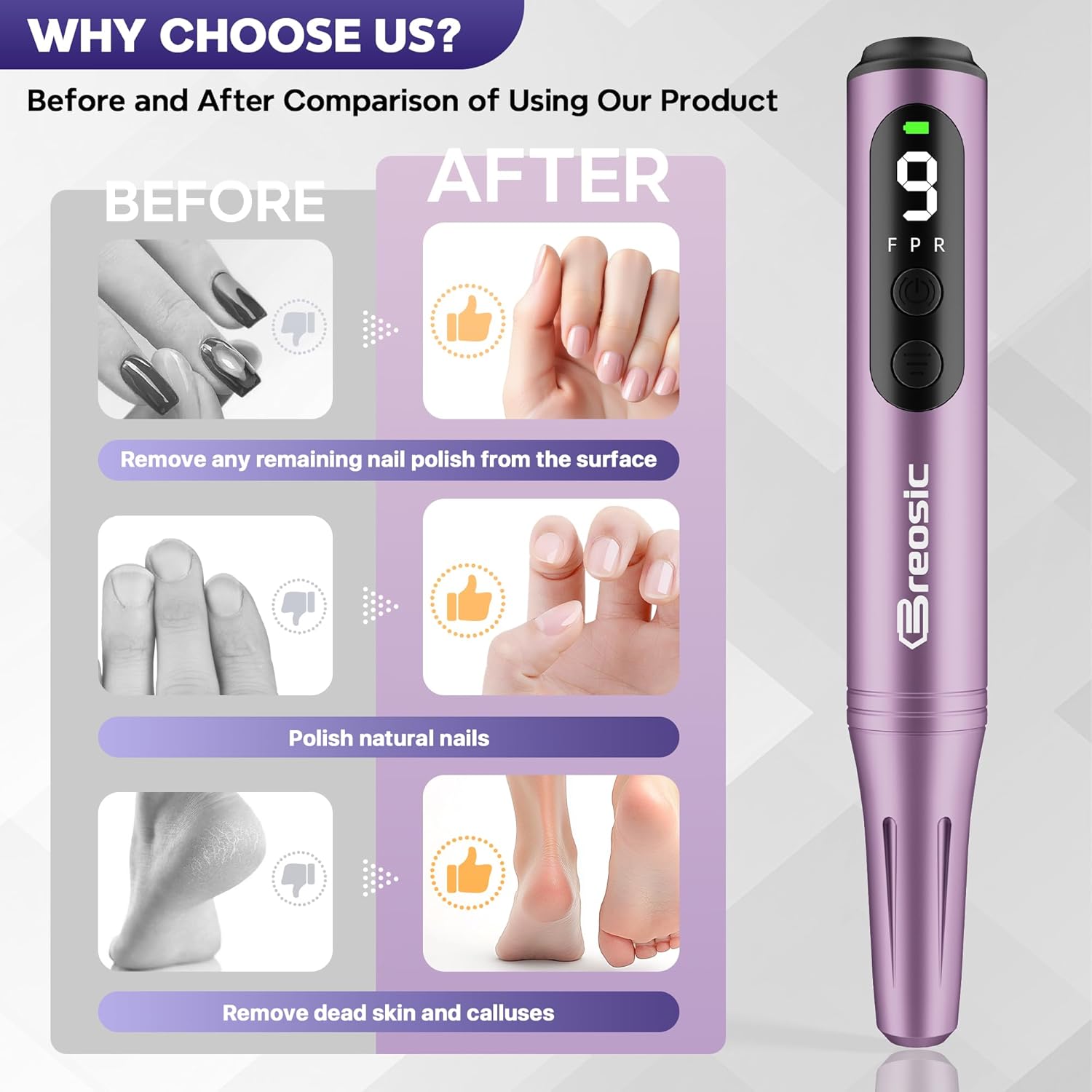 Electric Nail Drill Professional 35000RPM,Rechargeable Electric Nail File Cordless with 9-Speed & LED Display,12-in-1 Portable Manicure Pedicure kit for Acrylic Gel Dip Powder Nails (Purple) - Image 5