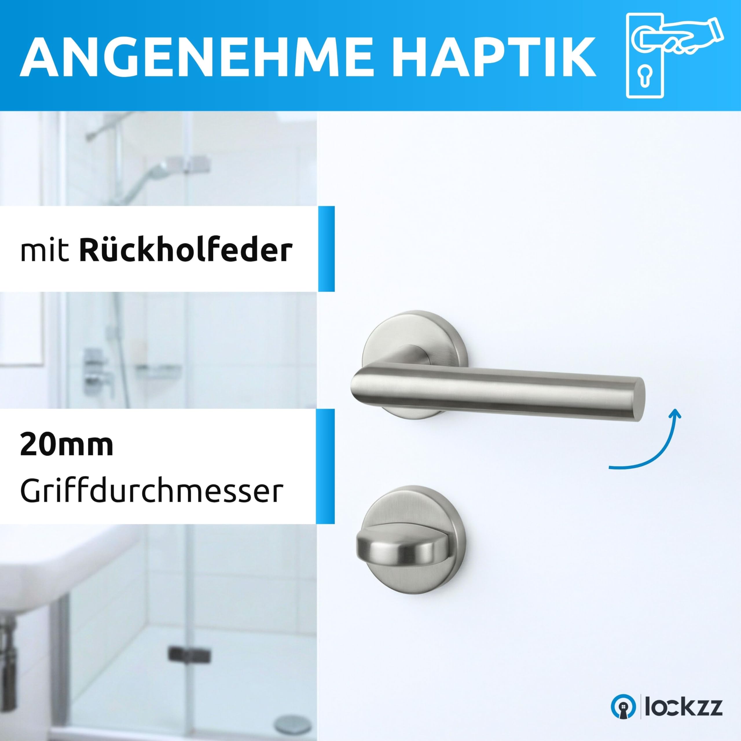 lockzz Türgriff Drückergarnitur Würzburg Edelstahl Matt Gebürstet – Türbeschlag für Badezimmertüren & WC – L-Form Rund-Rosette mit Sperrriegel & Hochhaltefeder – Badtürgriff Set