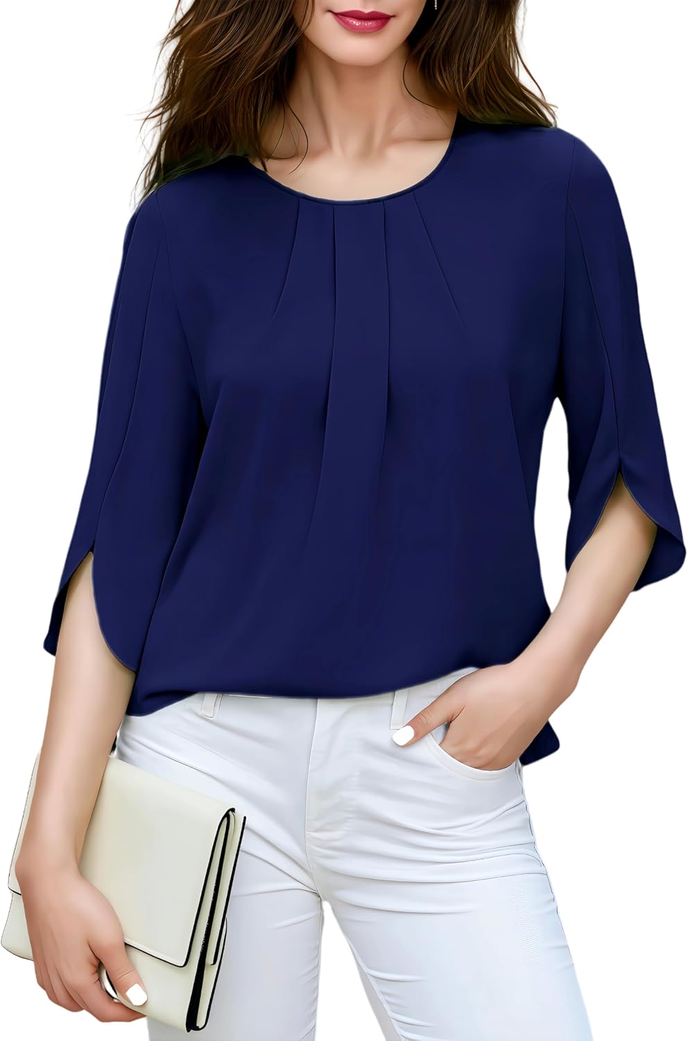 Mettclasi Women's Crewneck Summer Chiffon Blouse, 3/4 Sleeve Dressy Casual Shirt Top