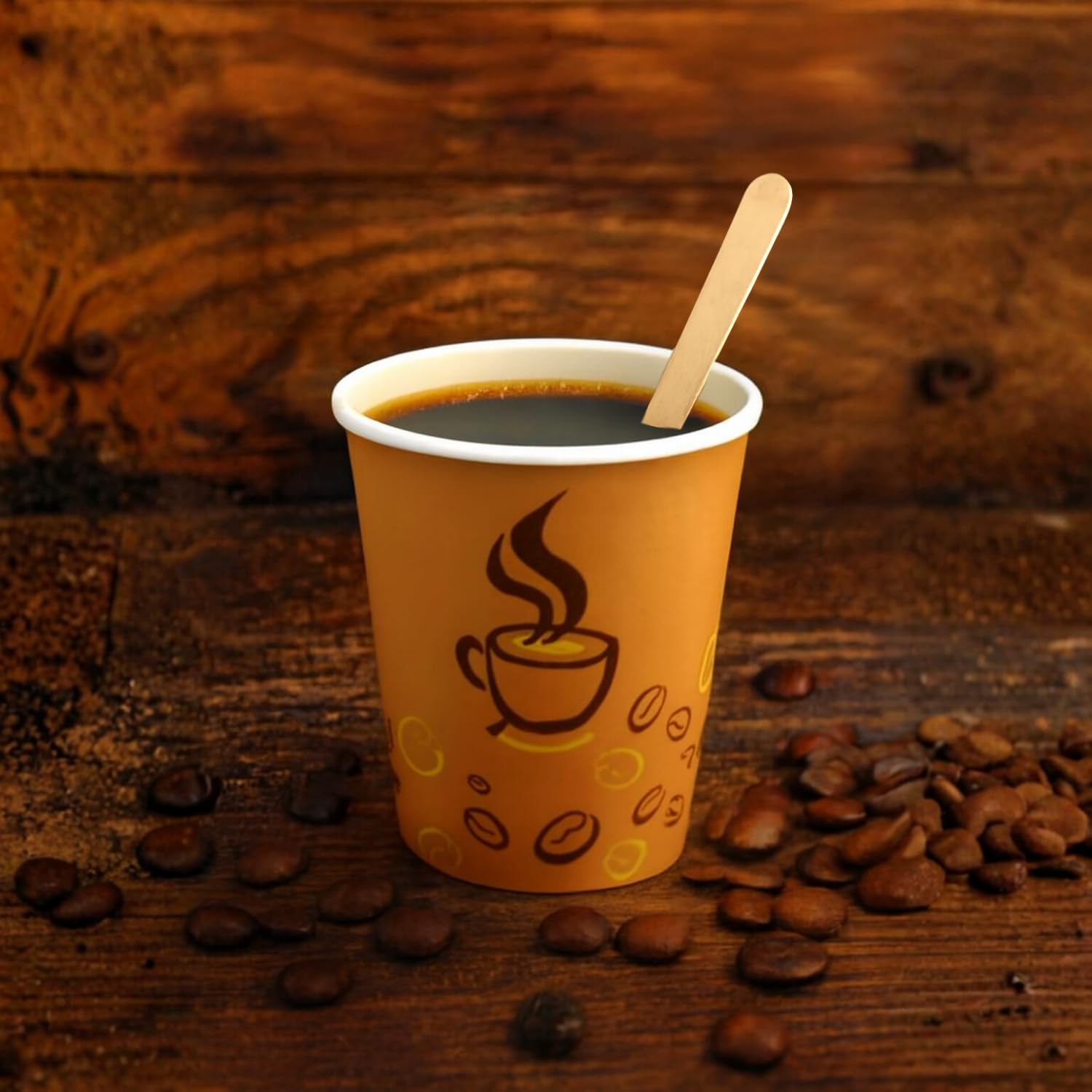 Palucart 500 Bicchieri in Carta per Caffe 90ml Bicchierini Colore Avana con grafica (3 oz) + 500 Palette in Legno di Betulla Biodegradabili in Cartoncino per Bevande Calde Cappuccino, Caffé