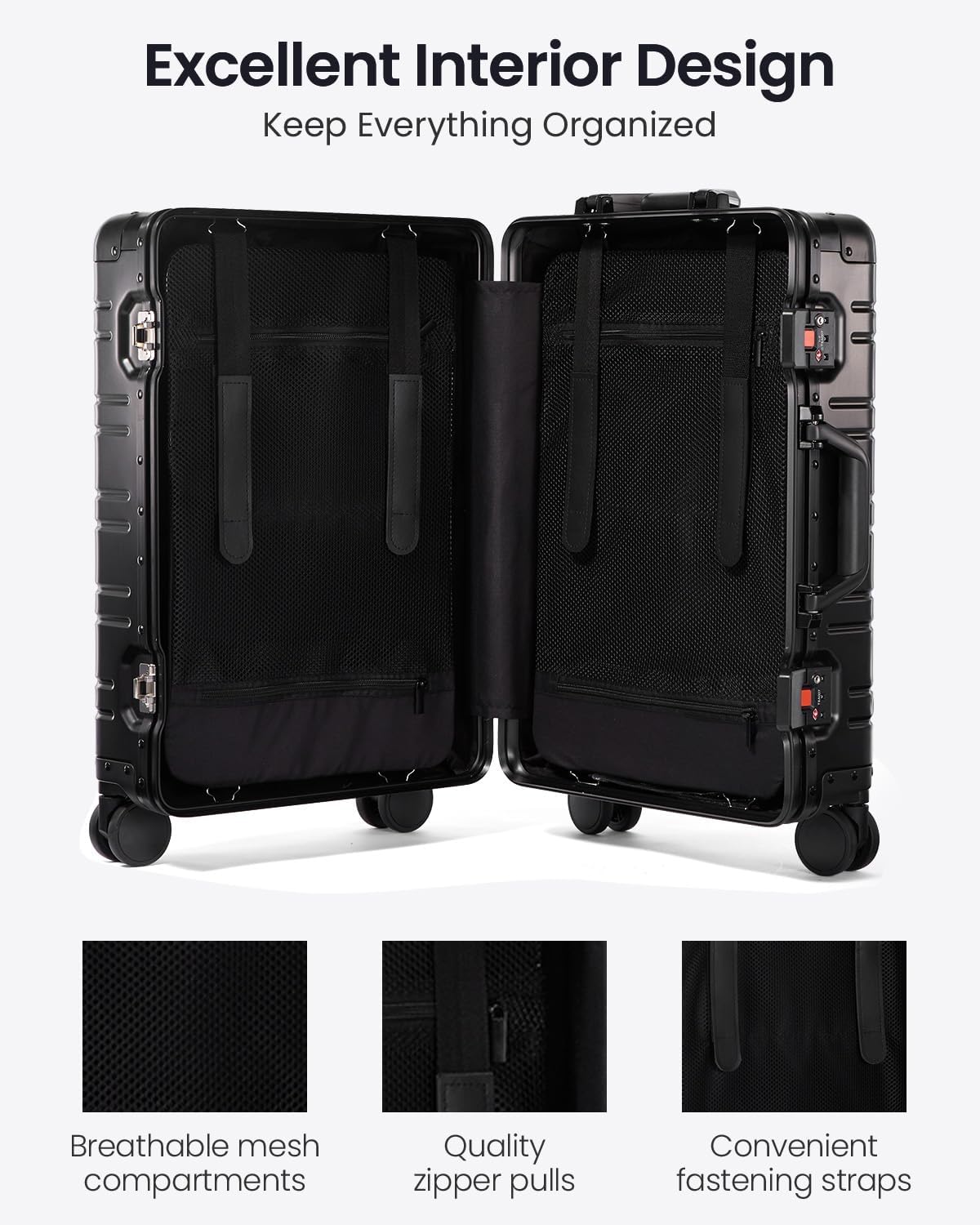 UrbanExplorer All Aluminum Carry On Luggage Hard Shell Suitcases with Spinner Wheels Zipperless Luggage 20 inch Small Carry On Suitcase for Short Trips, Black