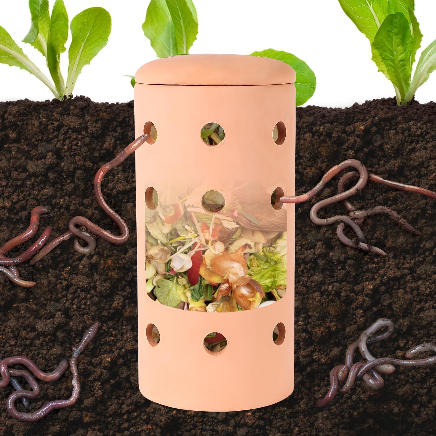 Underground Worm Farm 10 * 4.13 * 4.13Inch Garden Composting bin Ceramics Outdoor Gardening Compost Bin with Holes and Lid Clay for Vegetable Backyard Compost Bin Outdoor