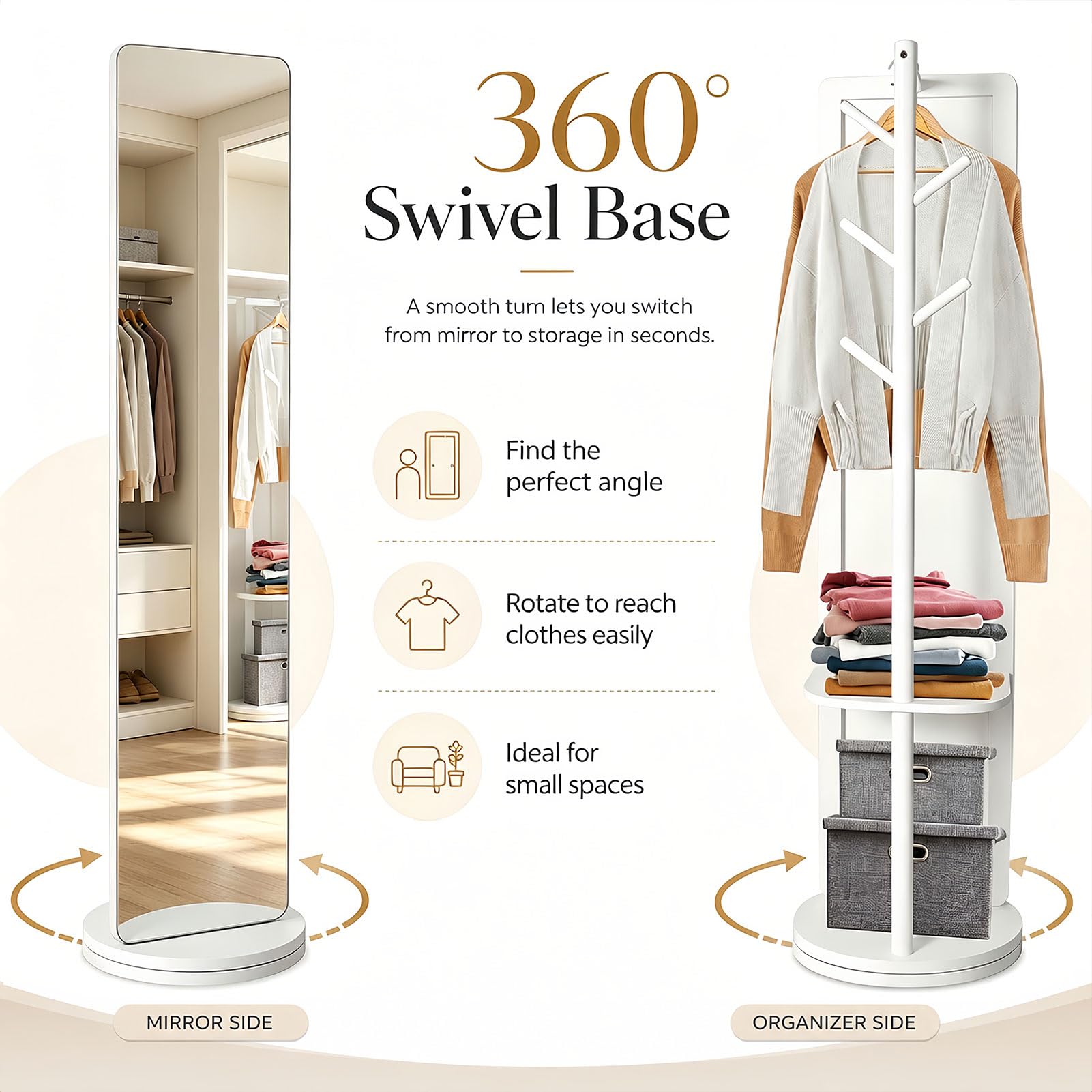 Ganzkörperspiegel | Standspiegel mit 360° Drehbar und Garderobenständer | Stehspiegel 164 * 40cm aus Massivholzrahmen Hartglas | Spiegel Ganzkörper für Schlafzimmer Wohnzimmer Garderobe