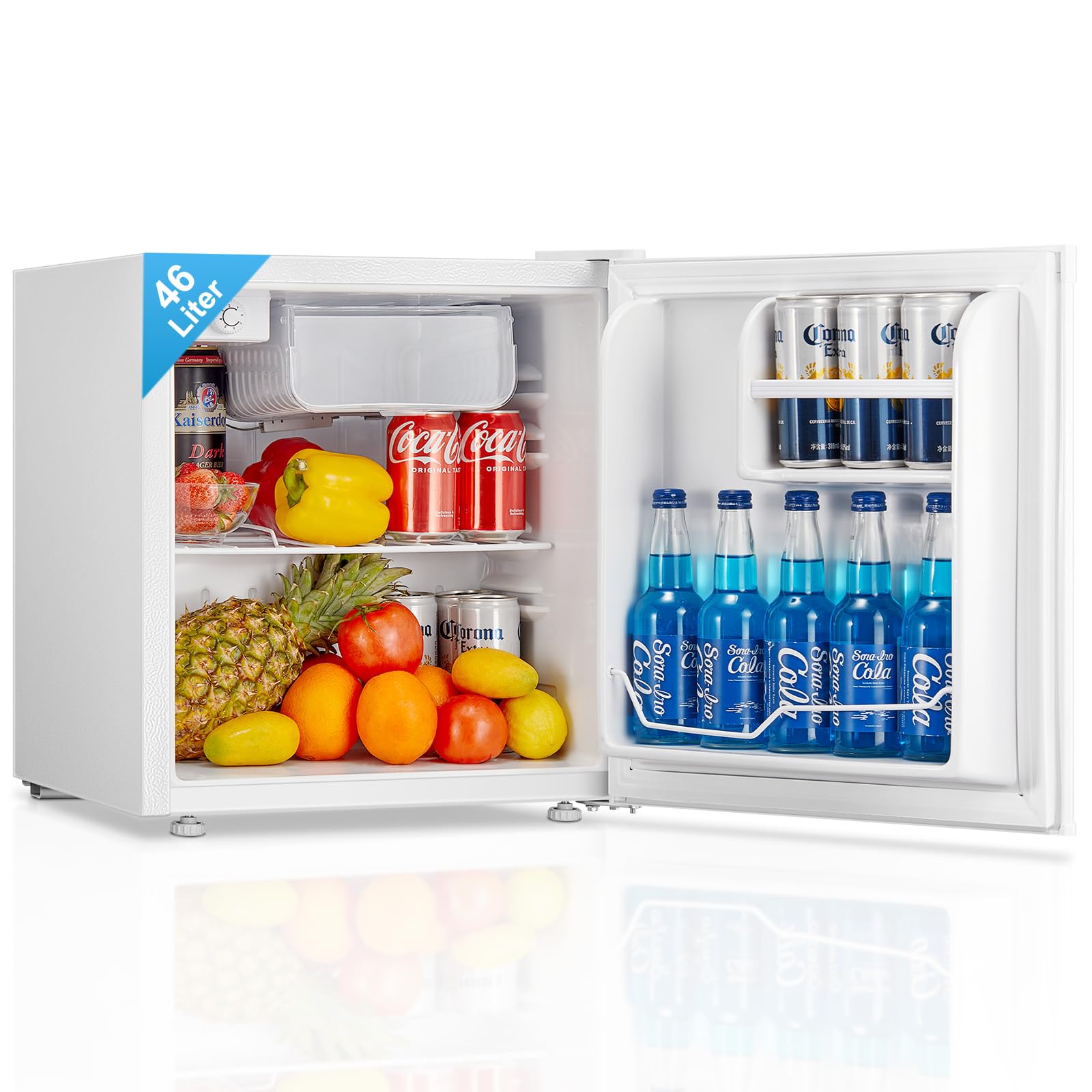 FOHERE Mini Kühlschrank 46L, Kleiner Kühlschrank mit 7-Stufige Kühlung, Energieeffizienter, Superleise, Wechselbarer Türanschlag & Verstellbare Füße, für Hotel, Büro, Kleine Wohnungen,Weiß