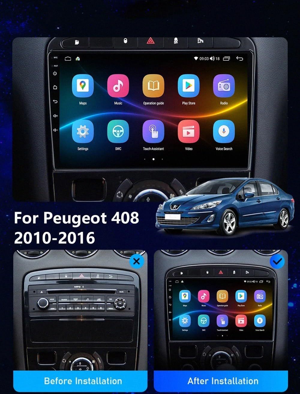 Touchscreen Auto Radio per PEUGEOT 308 408 2010-2016 Wireless Carplay Android Auto Stereo Bluetooth Ips con Pantalla Táctil con Gps Navigatore/Swc/Mirror, 4 Nucleo 2G+32G