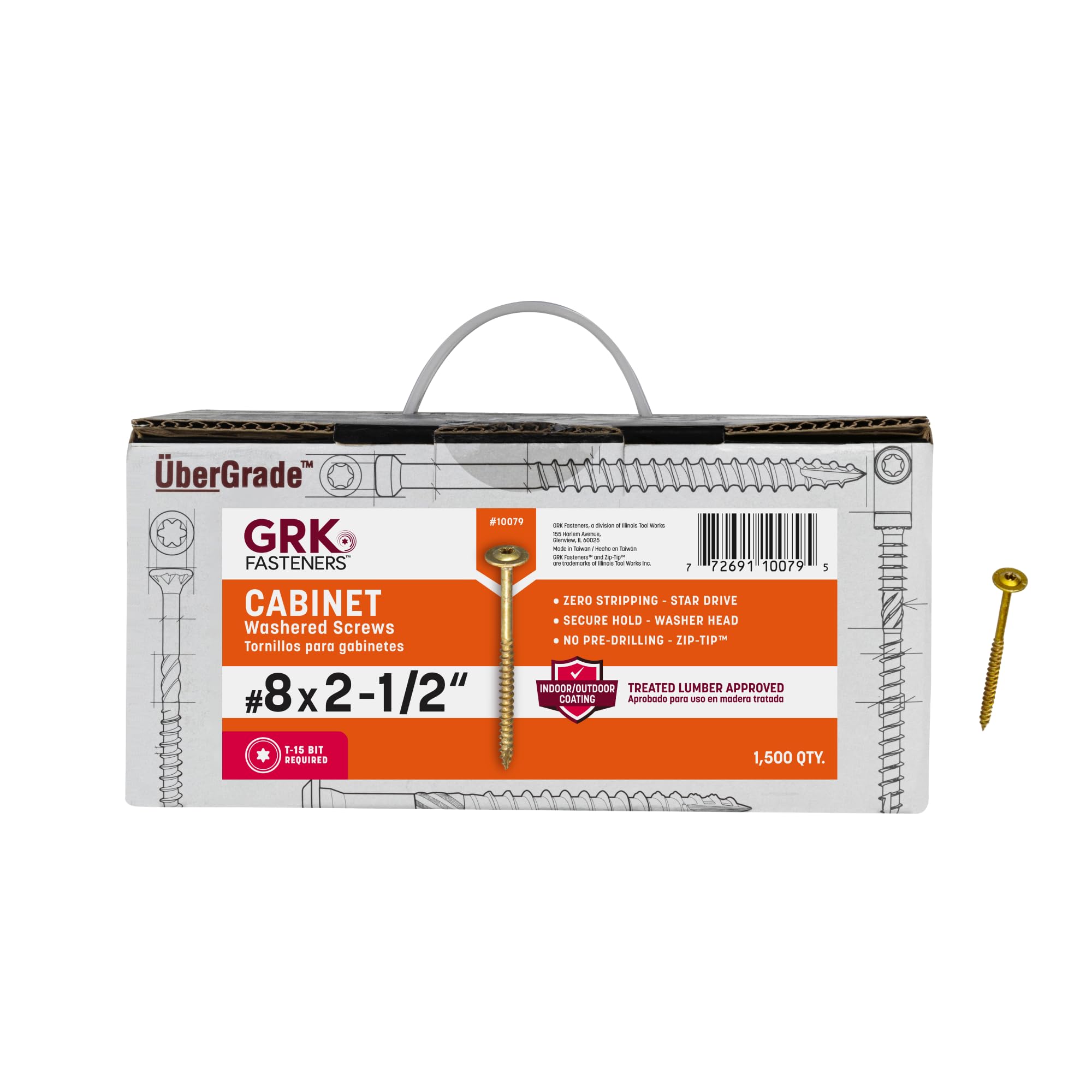 GRK Cabinet Screws – #8 X 2-1/2", 1500 Screws Per Box, Climatek Coating, T-15 Drive