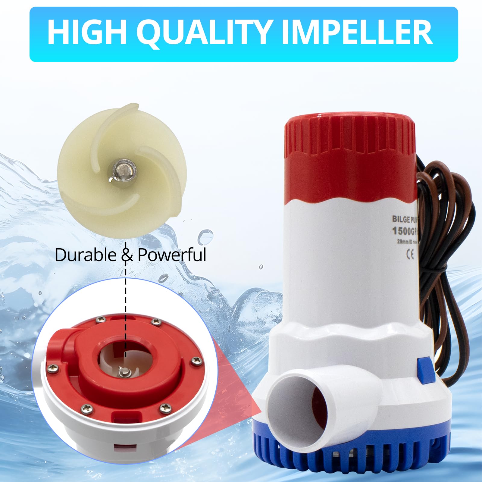 Zestaw pompy zęzowej 12 V 1500 GPH, z przełącznikiem pompy zęzowej, bez hałasu i łatwy w instalacji, odpowiedni do akwarium, basenu, zbiornika na wodę i innych miejsc