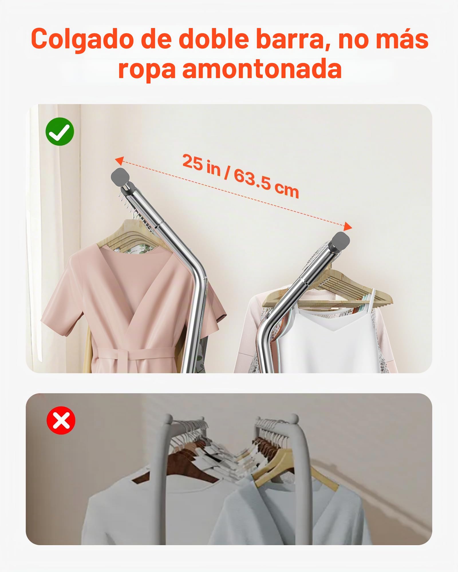 VEVOR Perchero Burro para Ropa 107-166 cm 2 Barras para Colgar y Cesta de Almacenamiento, Burro de Ropa con Ruedas, Carga de 150 kg, de Acero al Carbono, para Dormitorio, Lavandería, Sala de Estar