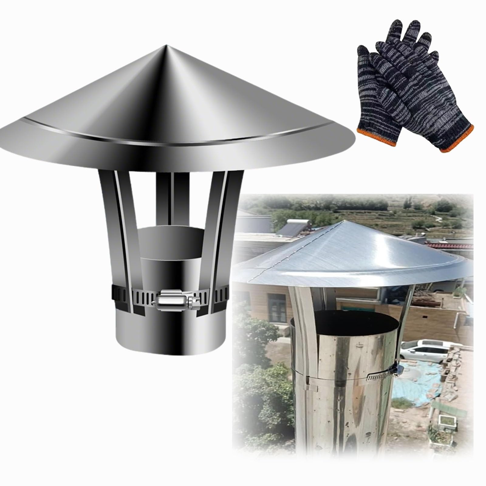 MYXJGNAIY 201 Stainless Steel Chimney Cap, Chimney Roof Rain Guard, Fireplace Vent Chimney Cowl for Outside, Wind Chimney Flue Cover, Stove Pipe Topper with Gloves, Easy Installation(5.9in)