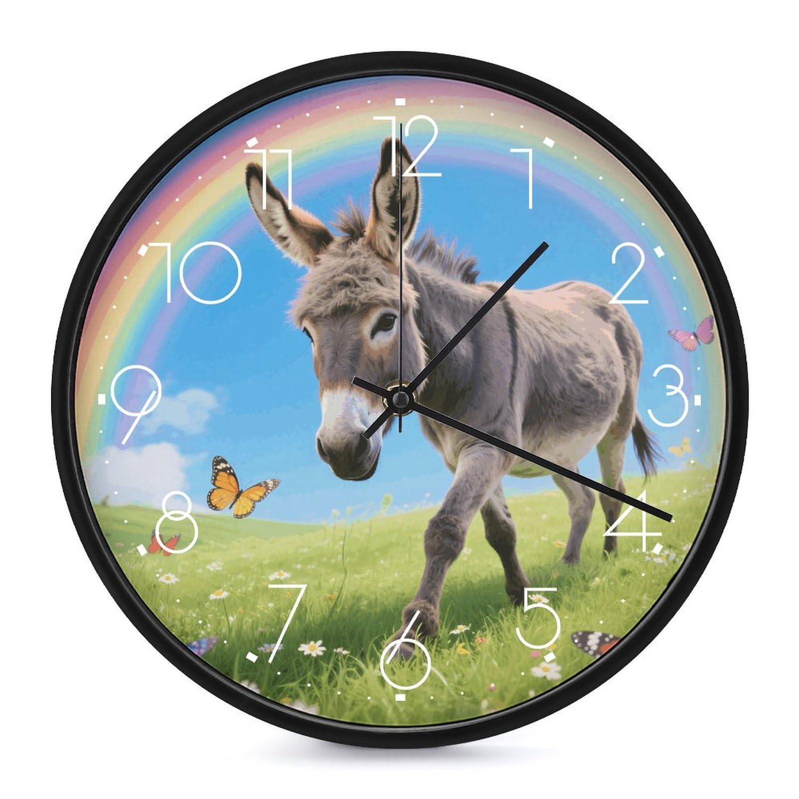 Horloge murale moderne âne et papillons arc-en-ciel 25,4 cm