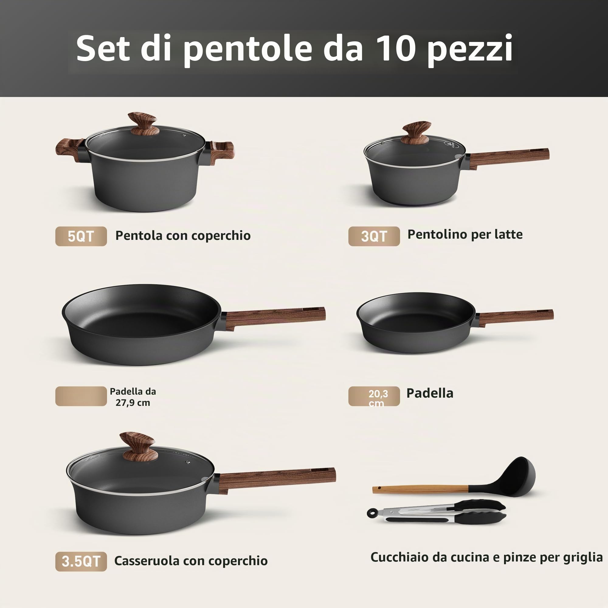 Kitchen Academy - Set di Pentole e Padelle a Induzione, in Ceramica, con Rivestimento Antiaderente, in Alluminio, Set di Pentole Antiaderenti con Coperchio 2 Utensili in Silicone (Nero, 10 pezzi)