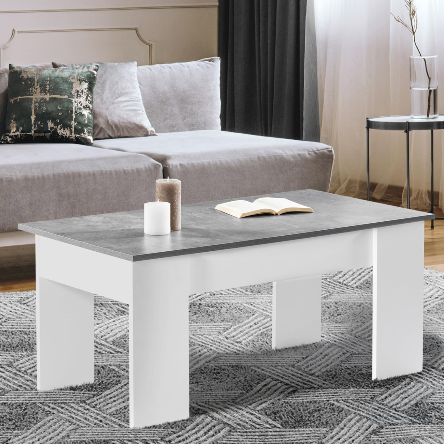 IDMarket - Tavolino con piano sollevabile TARA effetto legno e cemento bianco