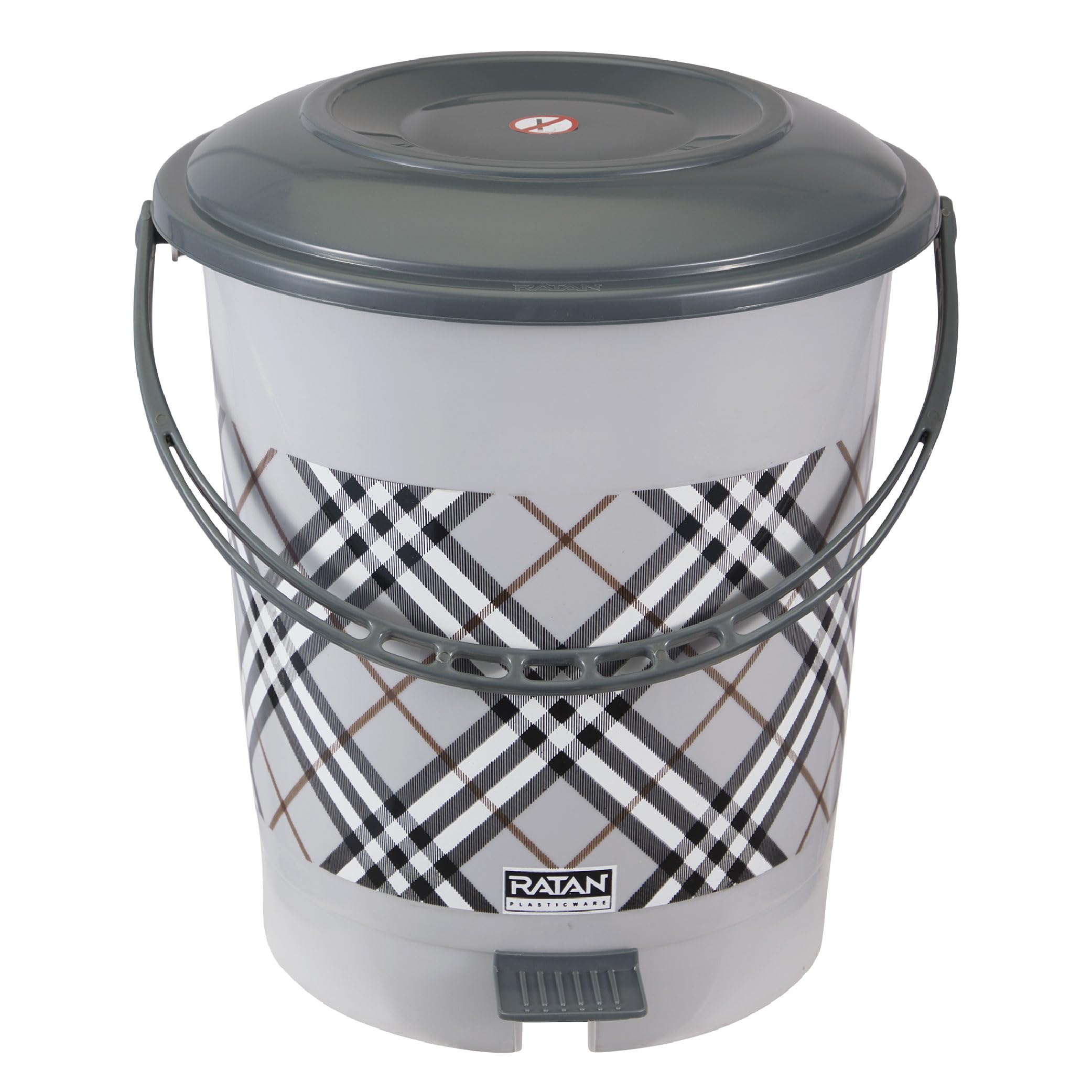 RATAN PLASTICWARE BON BON Checks Print 18 Litres Plastic Dustbin with Pedal Bin, Trash Bin, Garbage Waste Bin For Home, Bathroom, Kitchen, Office, Bedroom Grey Color