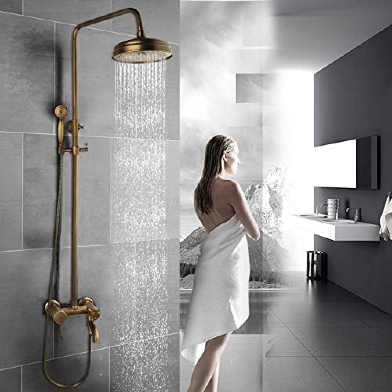 GLJTUO Shower system, Antique Brass Rainfall Bathroom Shower Set Shower Hand And Round Shower Hand Mixer Taps Double Handles Bathroom Combo
